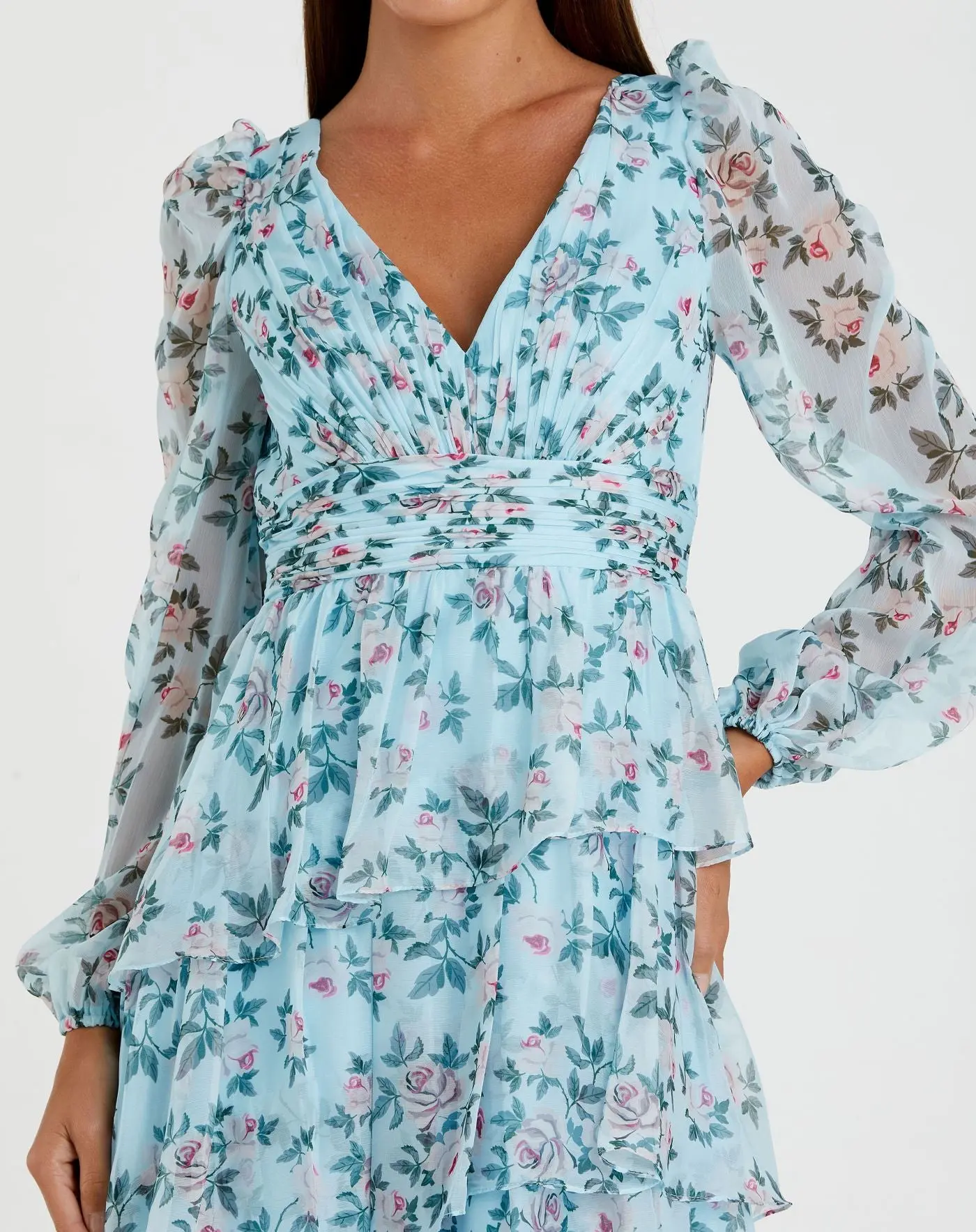 Blue Puff Sleeve Floral Printed Dress - Image 2