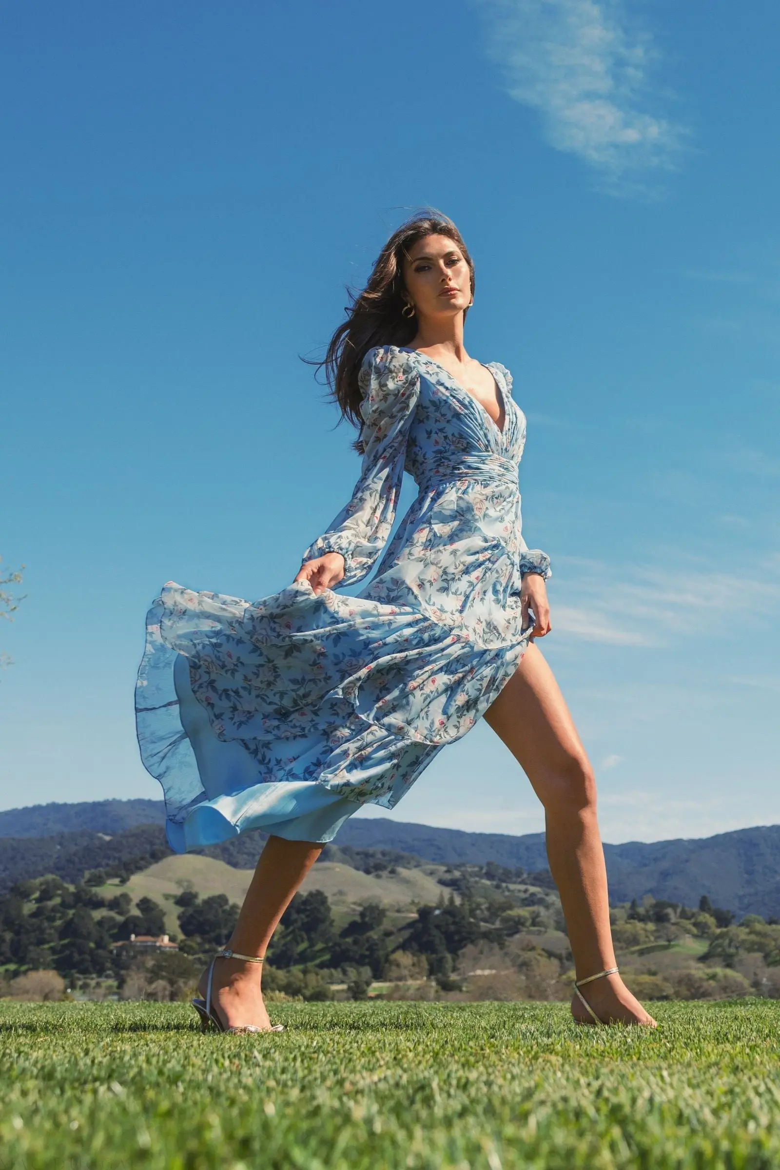 Blue Puff Sleeve Floral Printed Dress - Image 4