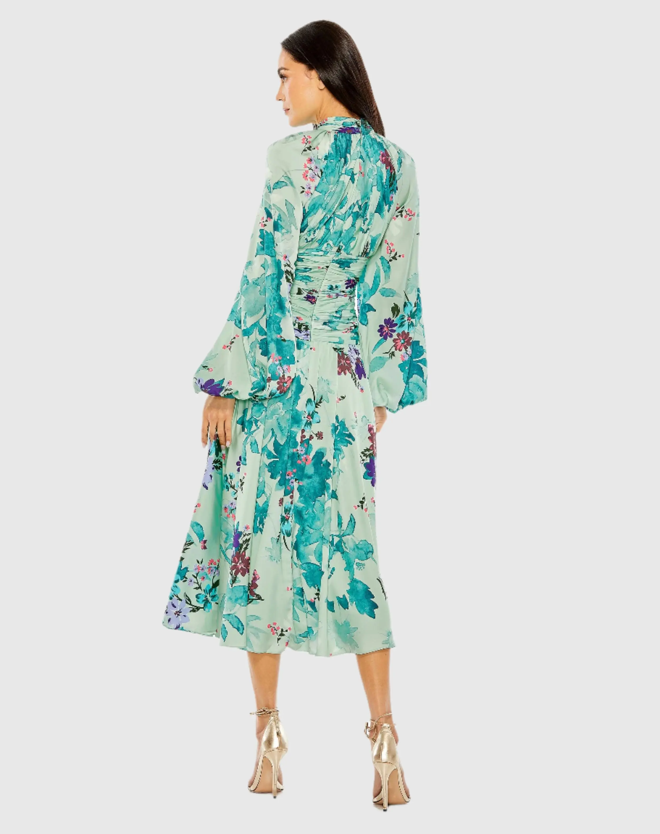 Green Keyhole Satin Long Sleeve Floral Dress - Image 3
