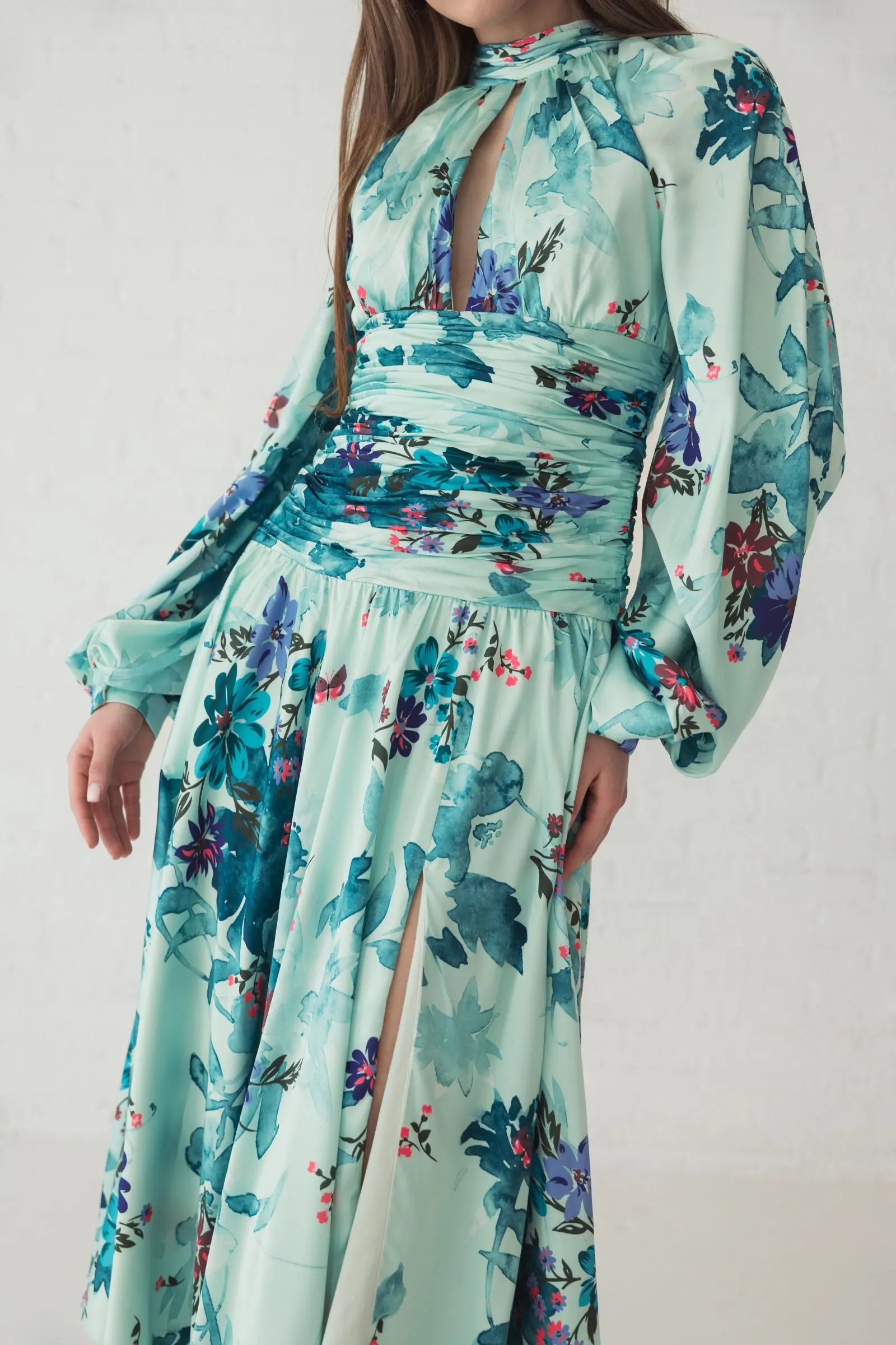 Green Keyhole Satin Long Sleeve Floral Dress - Image 5