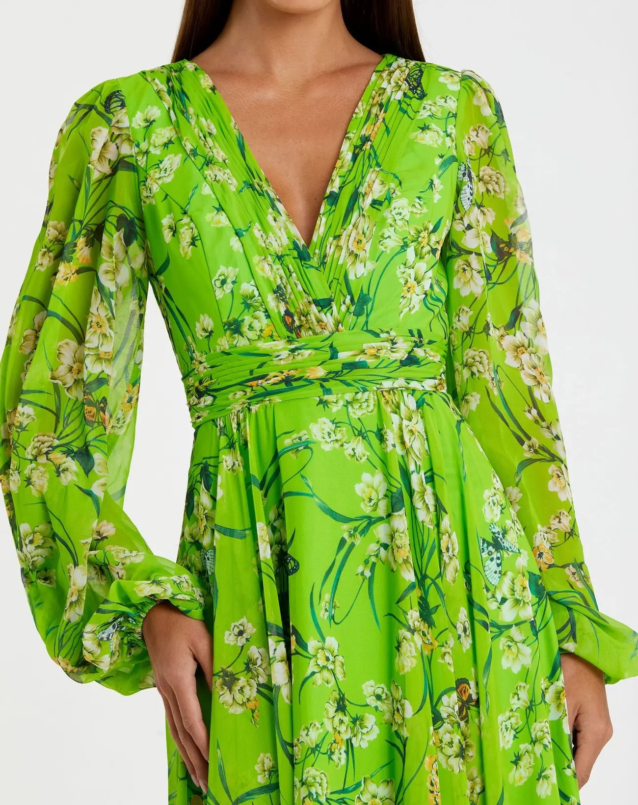 Green Puff Sleeve Floral Chiffon Gown - Image 2