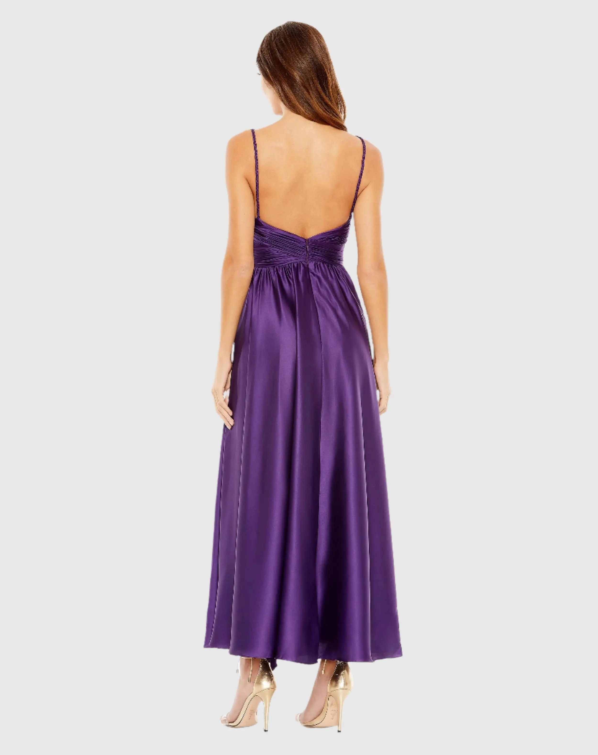 Purple Ruched Top Satin Pleated Tea Length Dress - Image 2