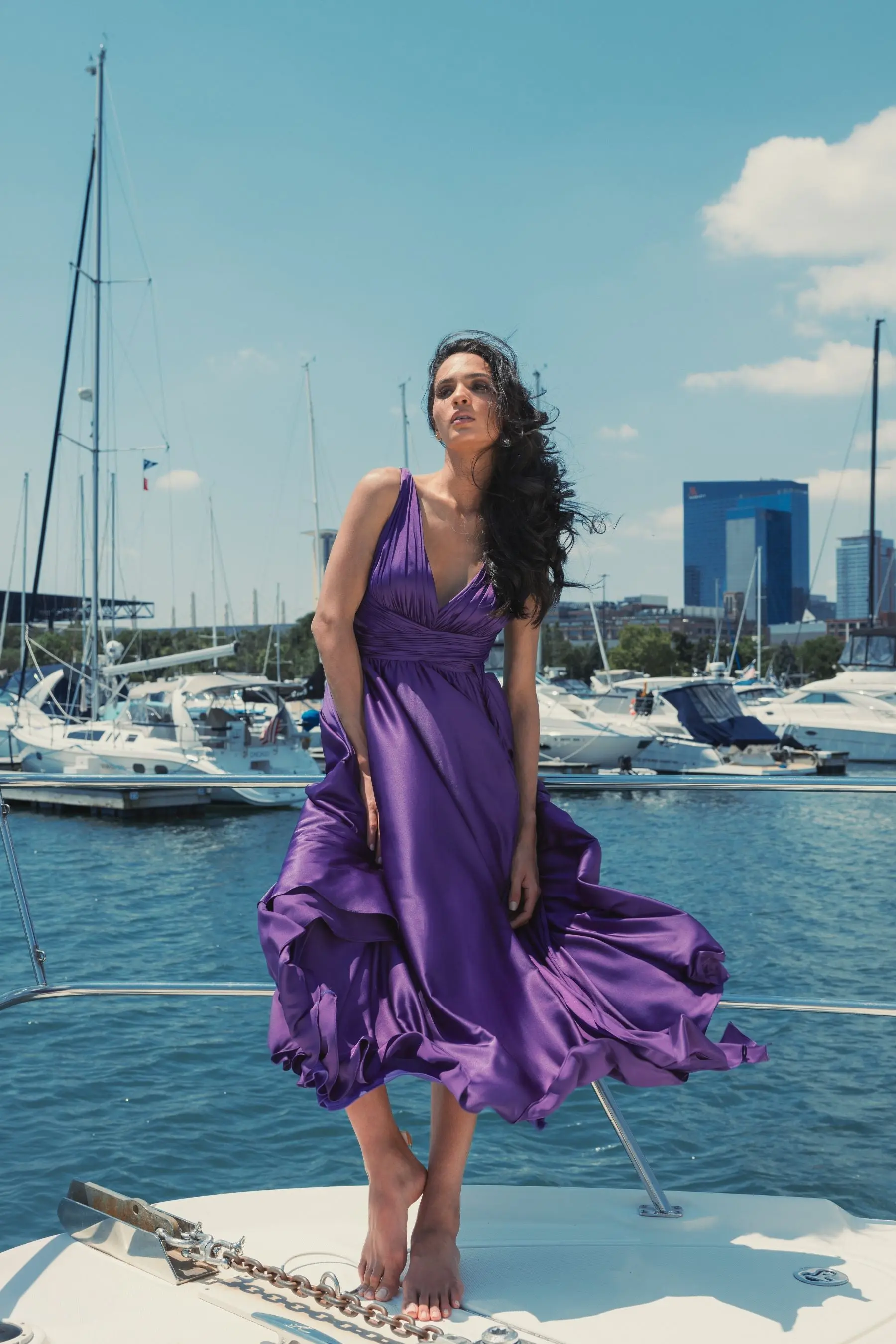 Purple Ruched Top Satin Pleated Tea Length Dress - Image 4