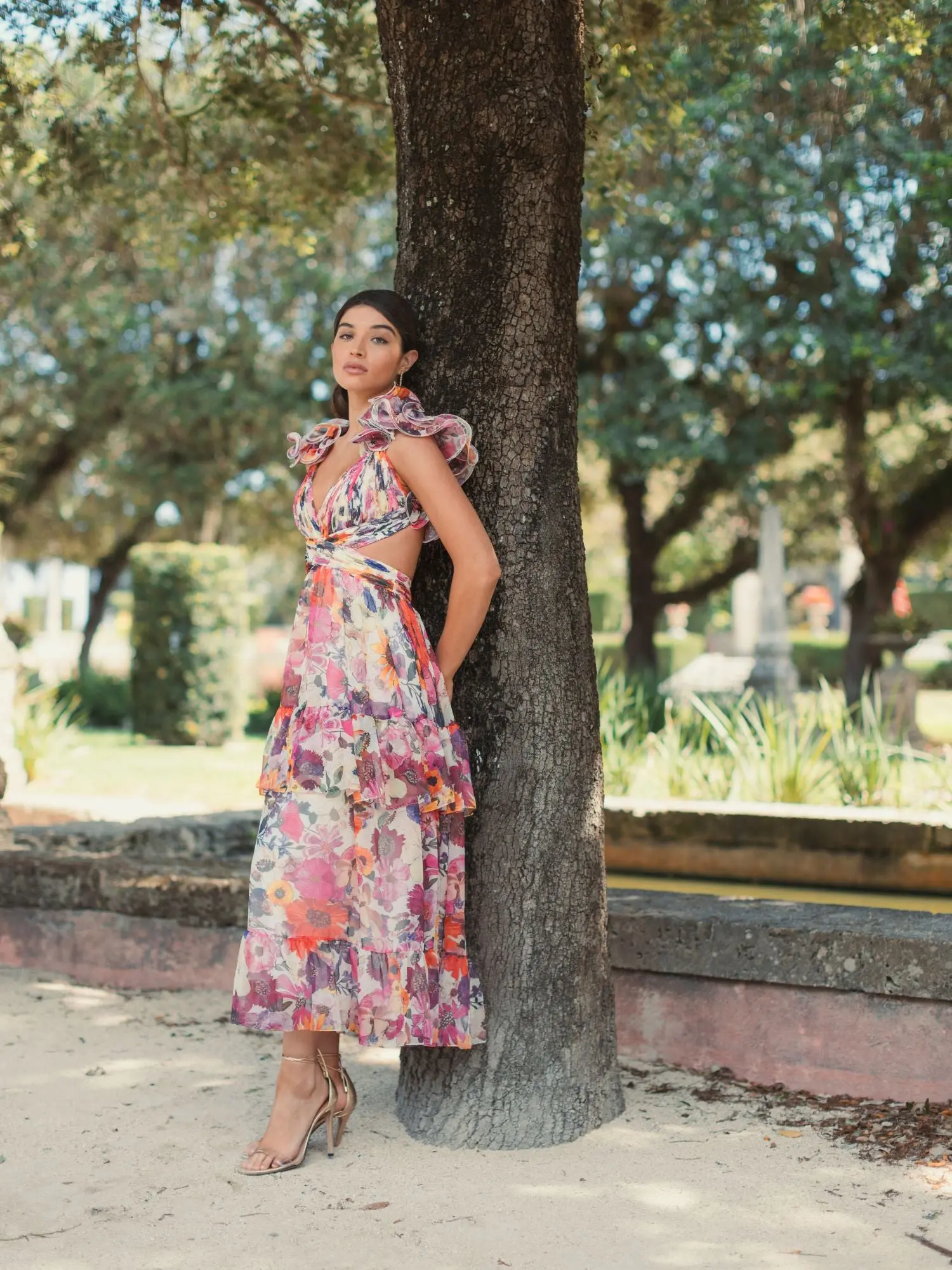 White Floral Chiffon Ruffle Tiered Cut-Out Midi Dress - Image 4