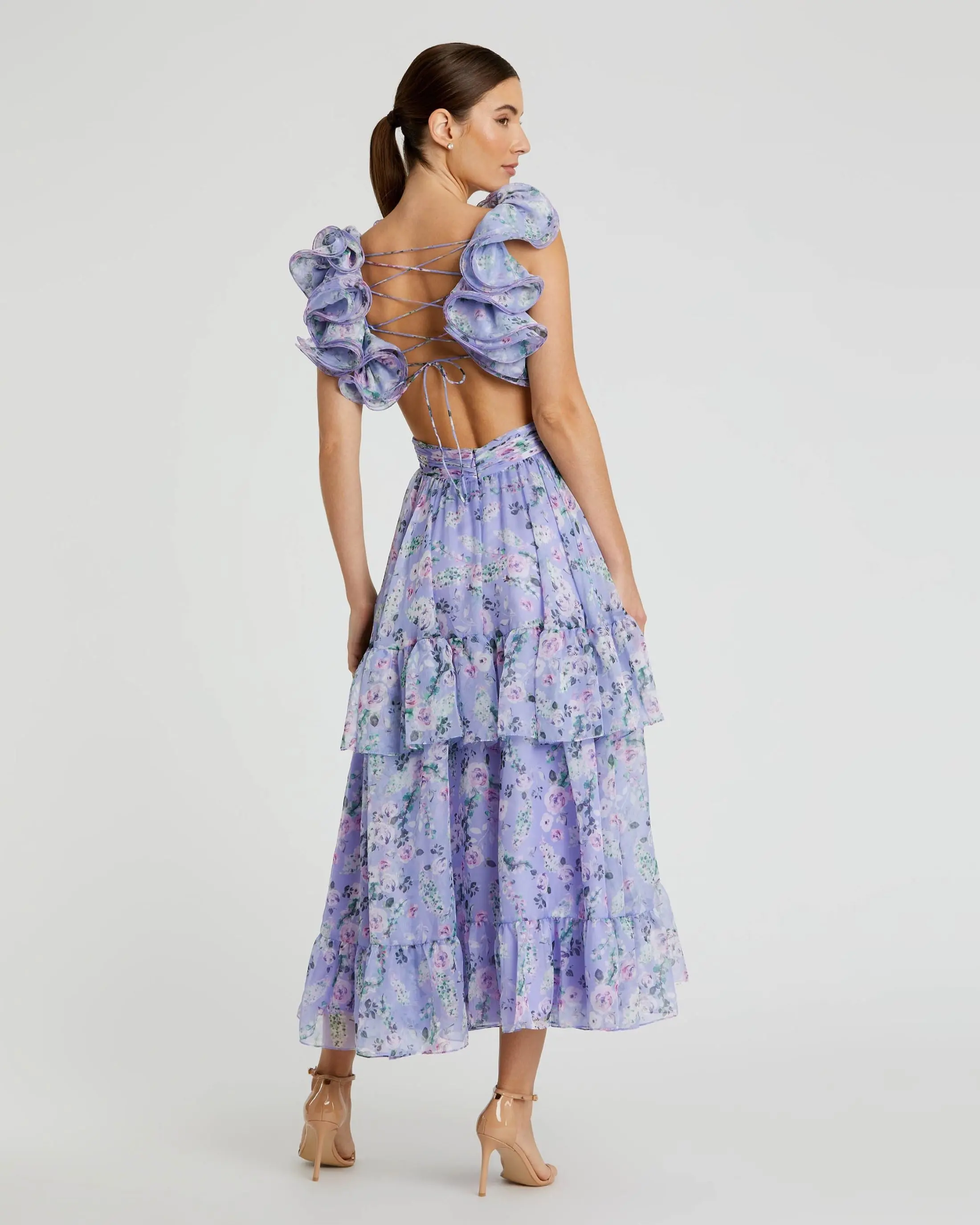 Purple Ruffle Tiered Floral Chiffon Midi Dress - Image 2