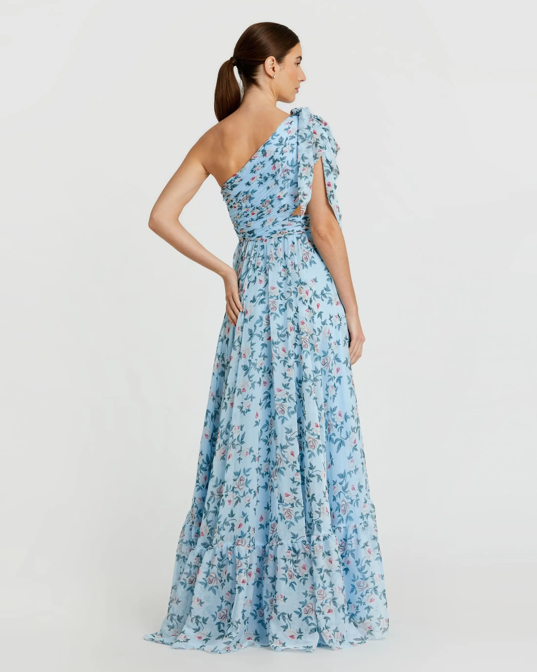 Blue Floral Chiffon One Shoulder Gown - Image 3