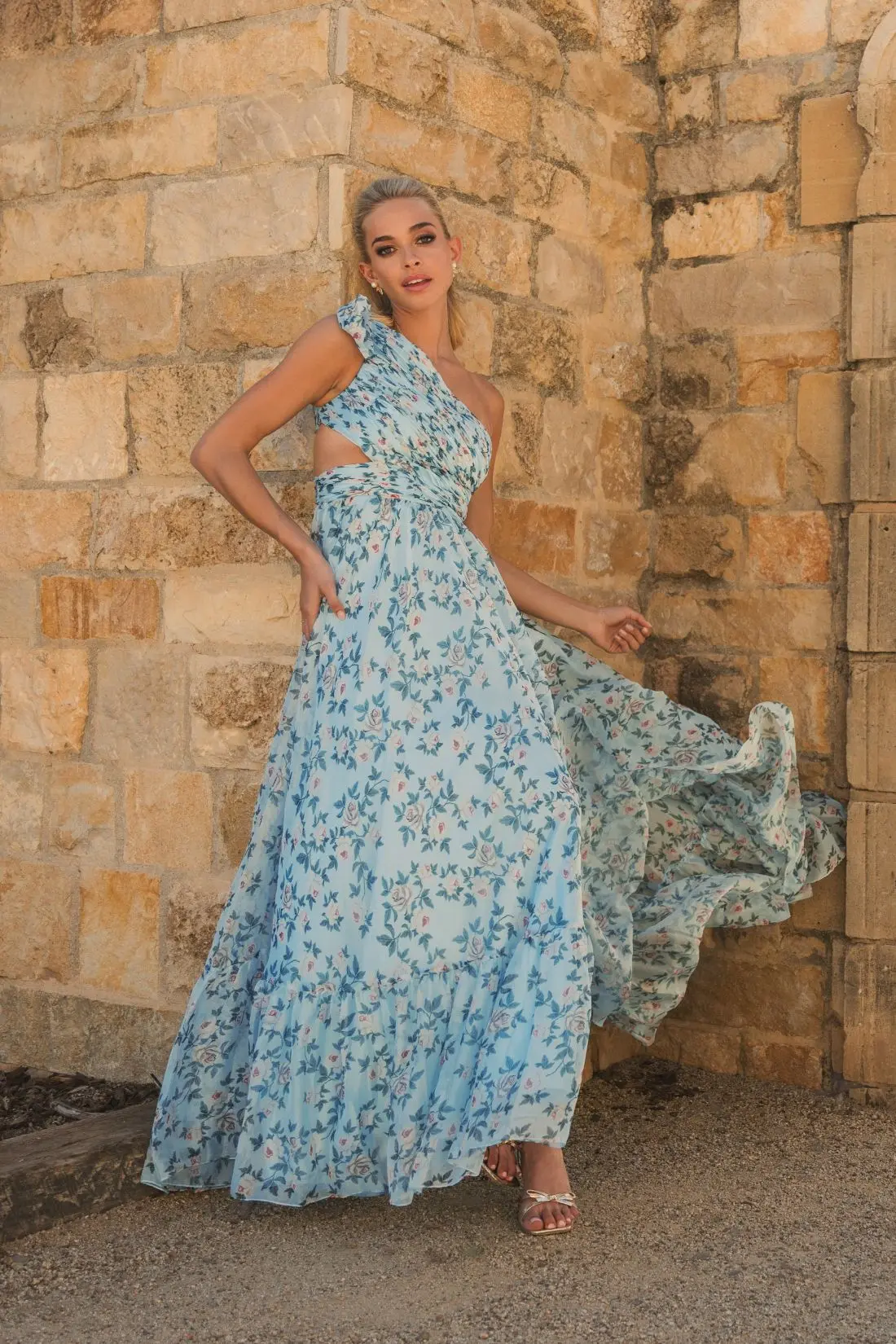 Blue Floral Chiffon One Shoulder Gown - Image 4