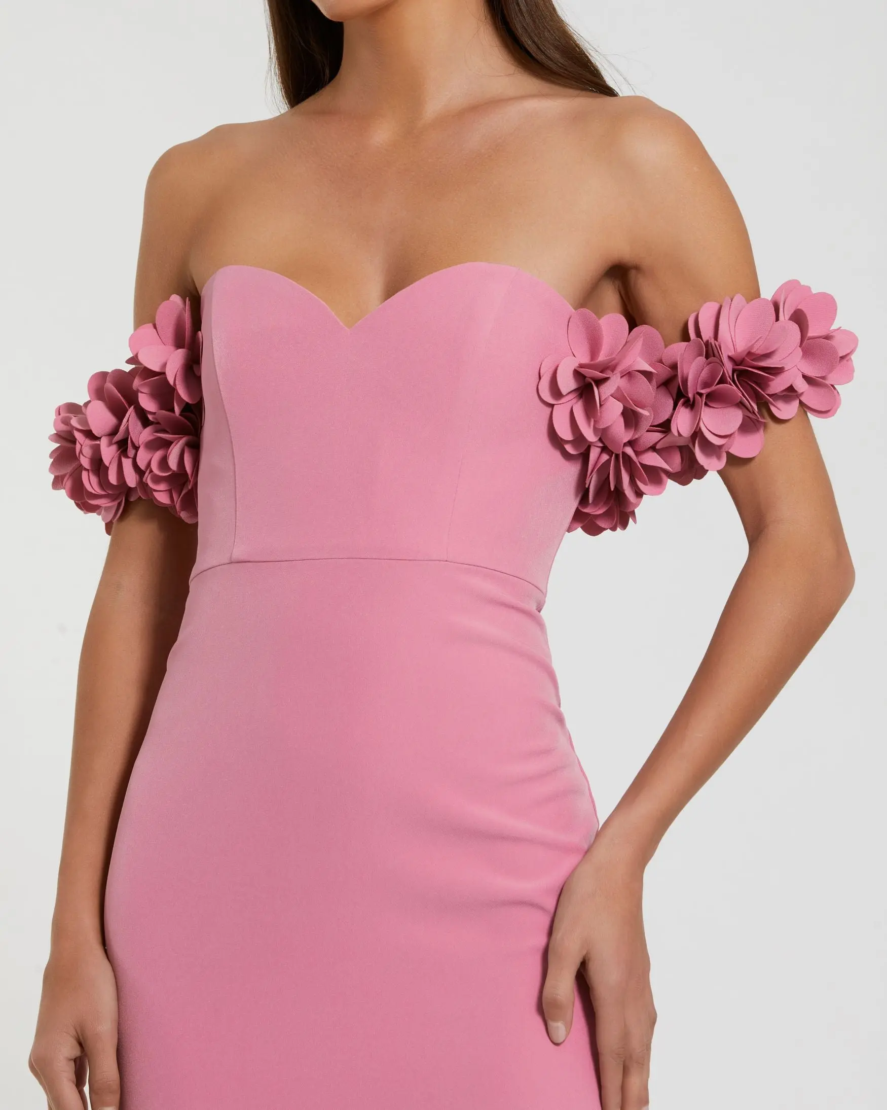 Pink Crepe Off The Shoulder Gown With 3D Flowers - Image 2