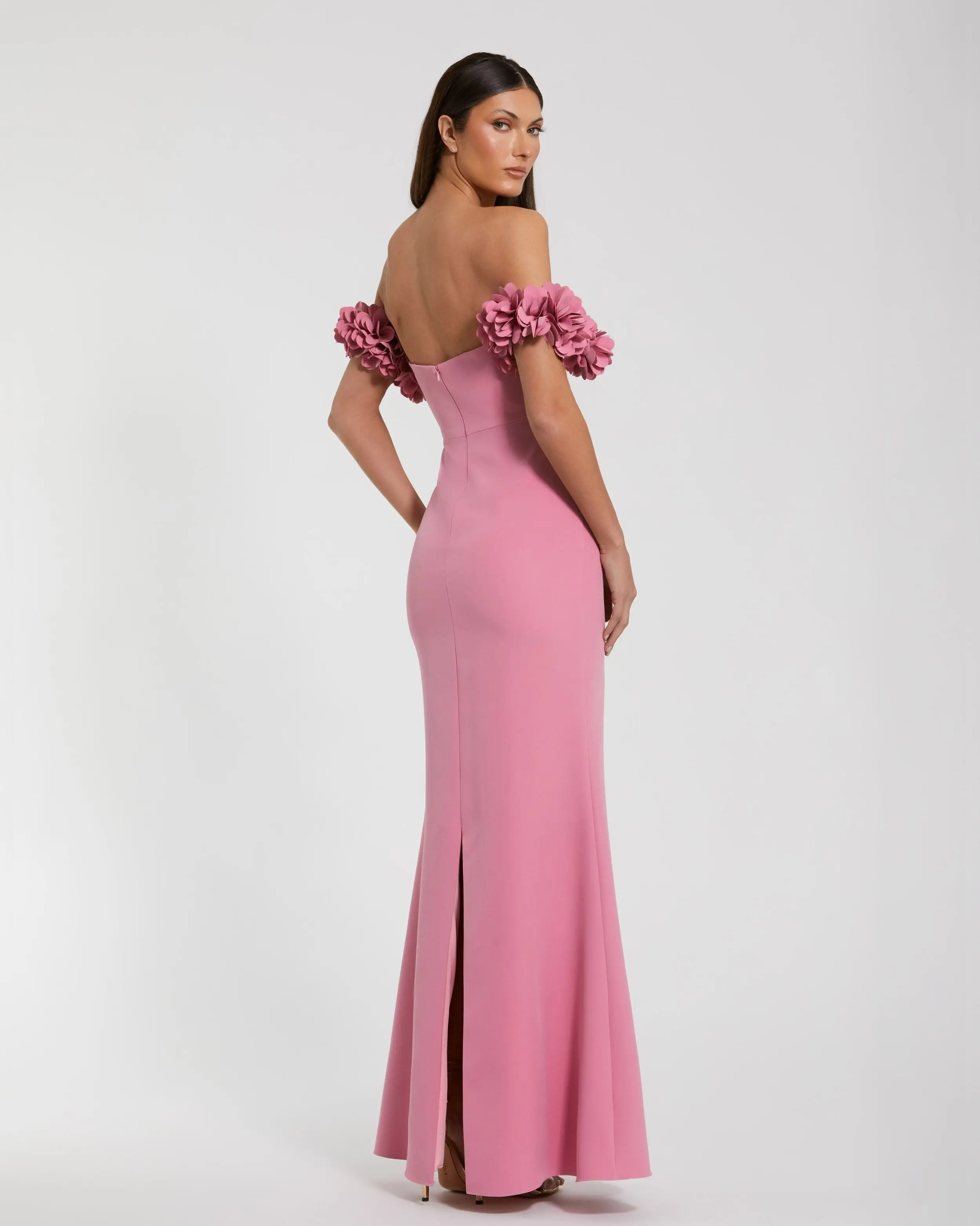 Pink Crepe Off The Shoulder Gown With 3D Flowers - Image 3