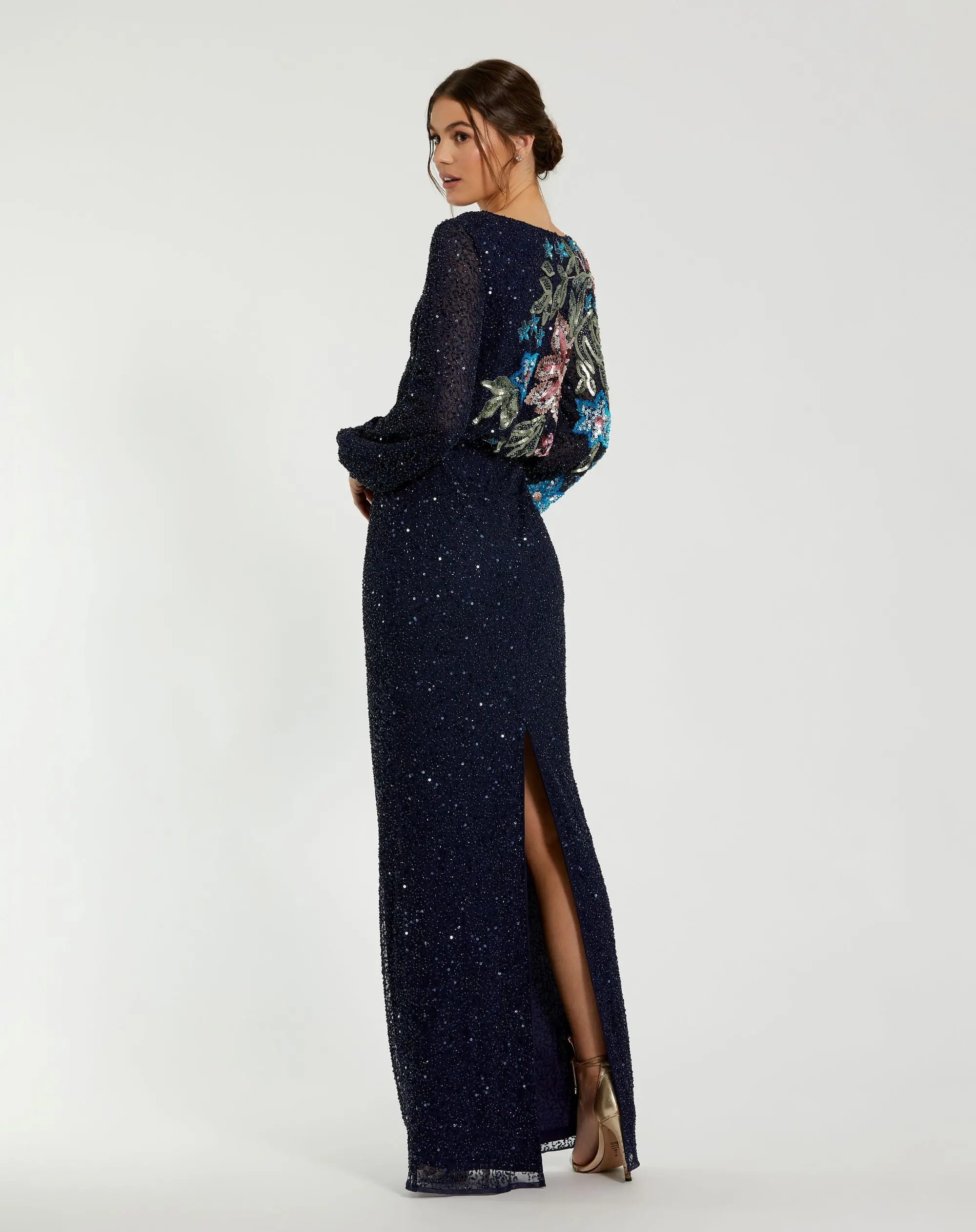 Navy High Neck Long Sleeve Sequin Gown - Image 3