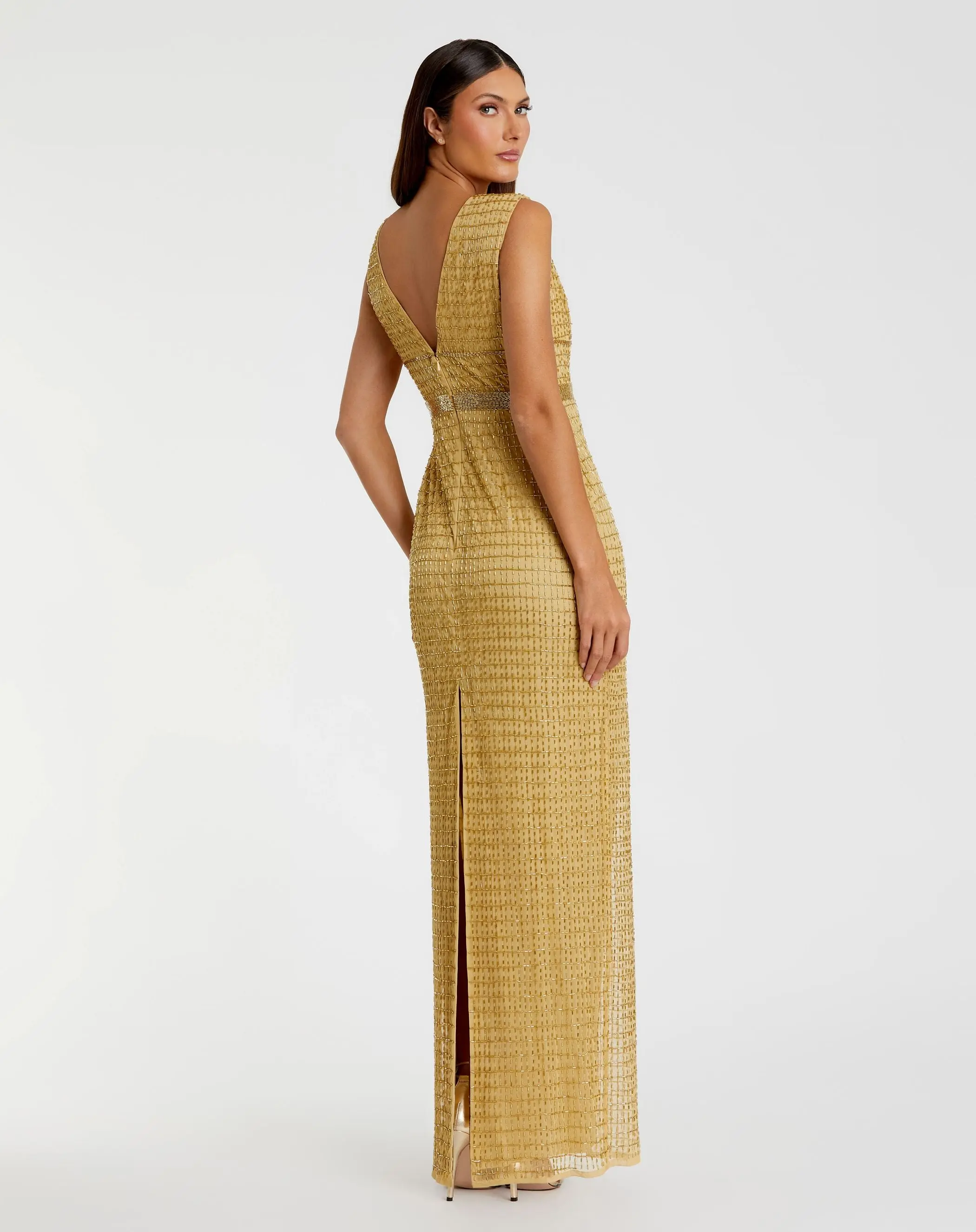 Gold Beaded Cap Sleeve V Neck Column Gown - Image 3