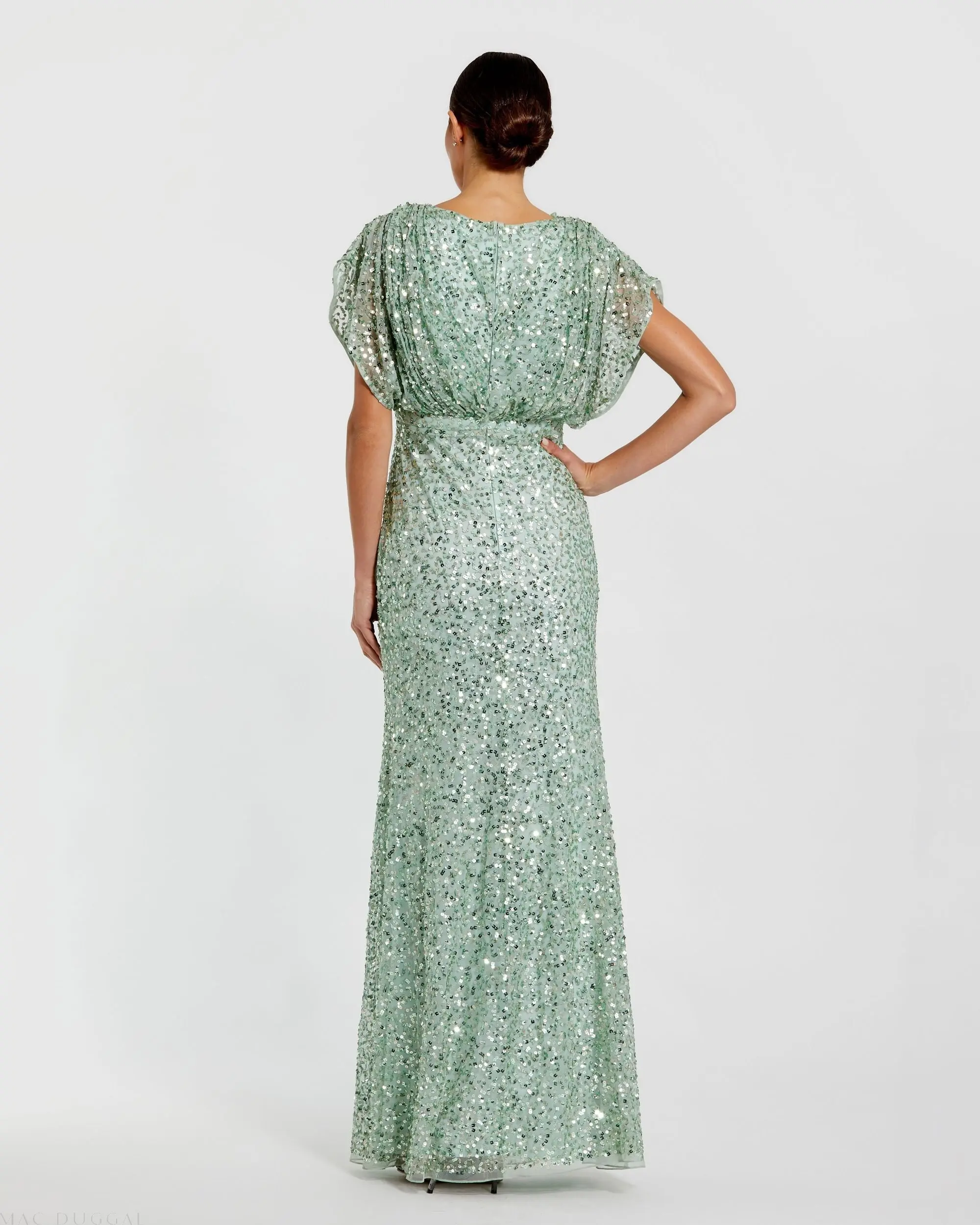 Green Sequin Draped Sleeve V-Neck Gown - Image 3