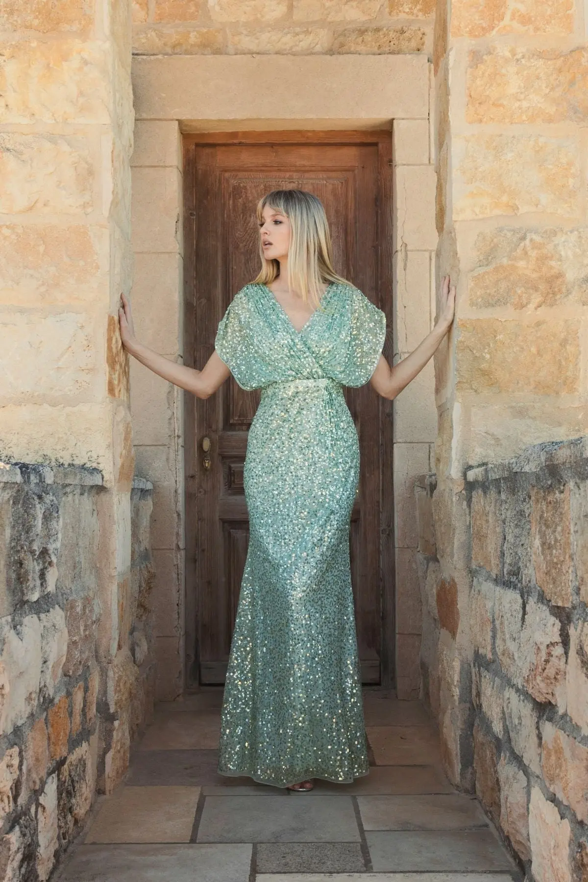 Green Sequin Draped Sleeve V-Neck Gown - Image 4