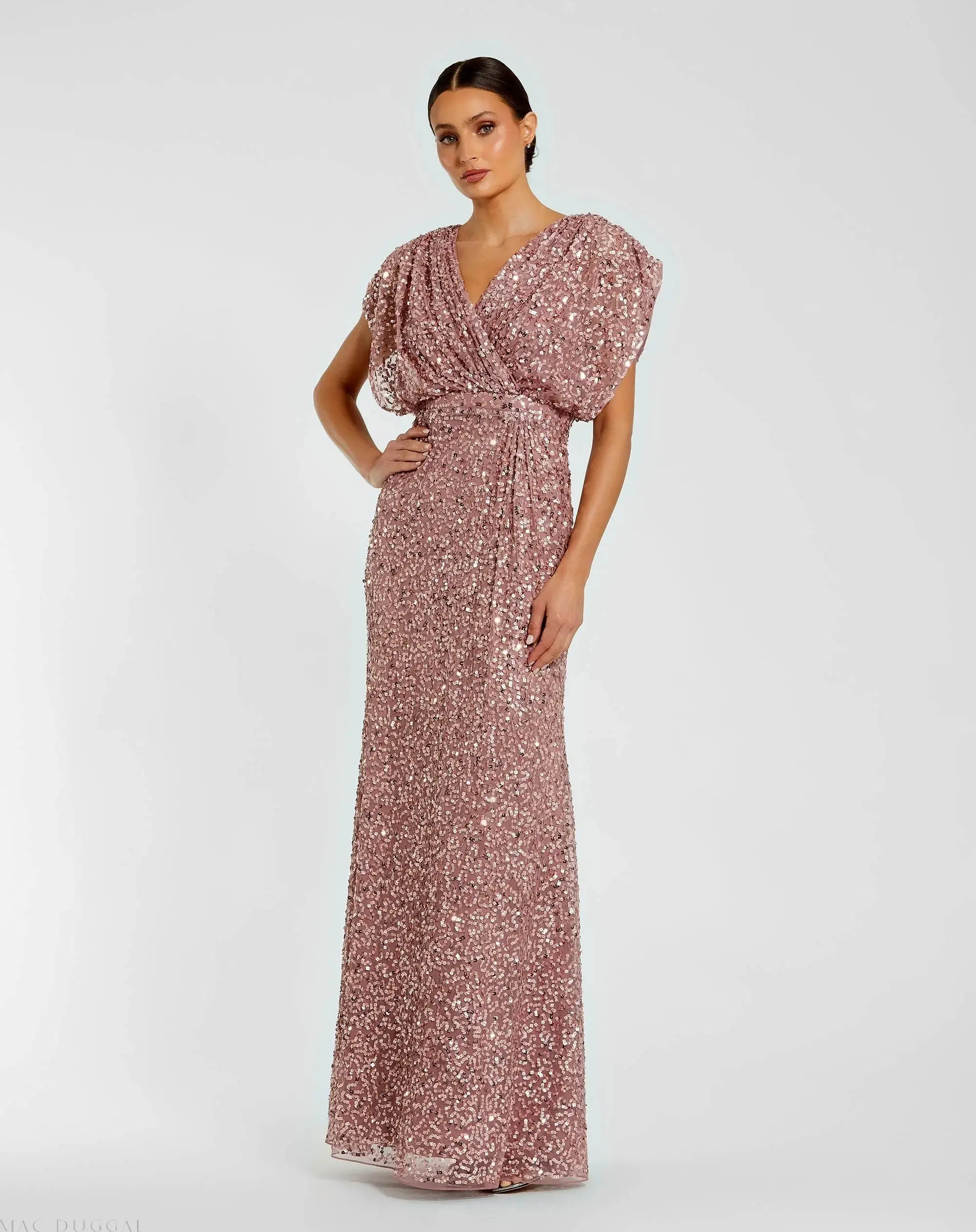 Purple Sequin Draped Sleeve V-Neck Gown