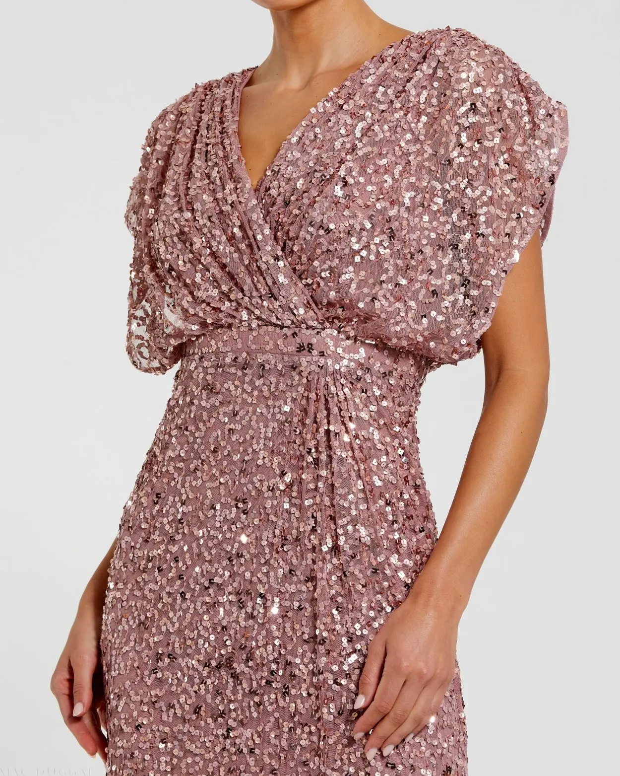 Purple Sequin Draped Sleeve V-Neck Gown - Image 2