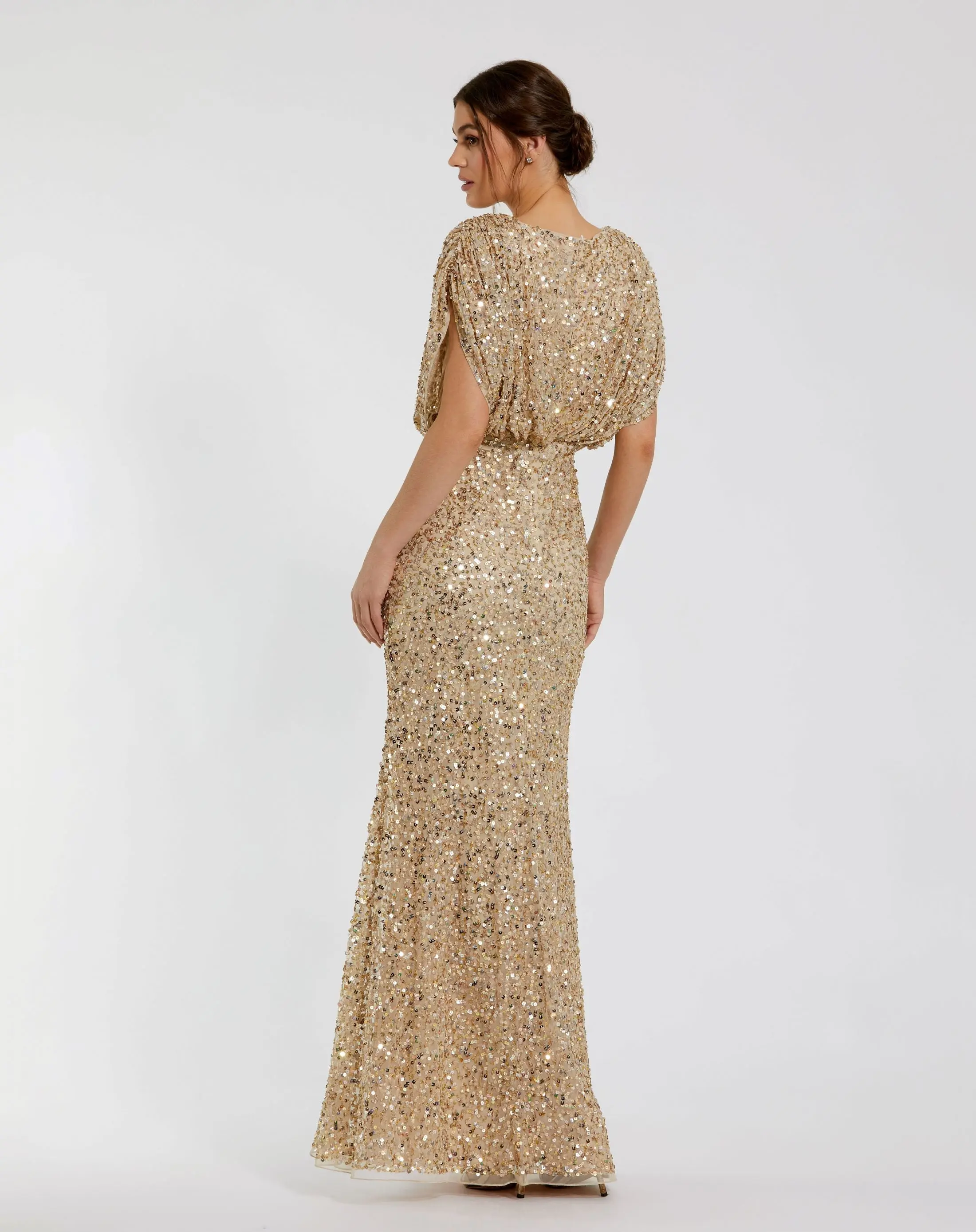 Gold Sequin Draped Sleeve V-Neck Gown - Image 3