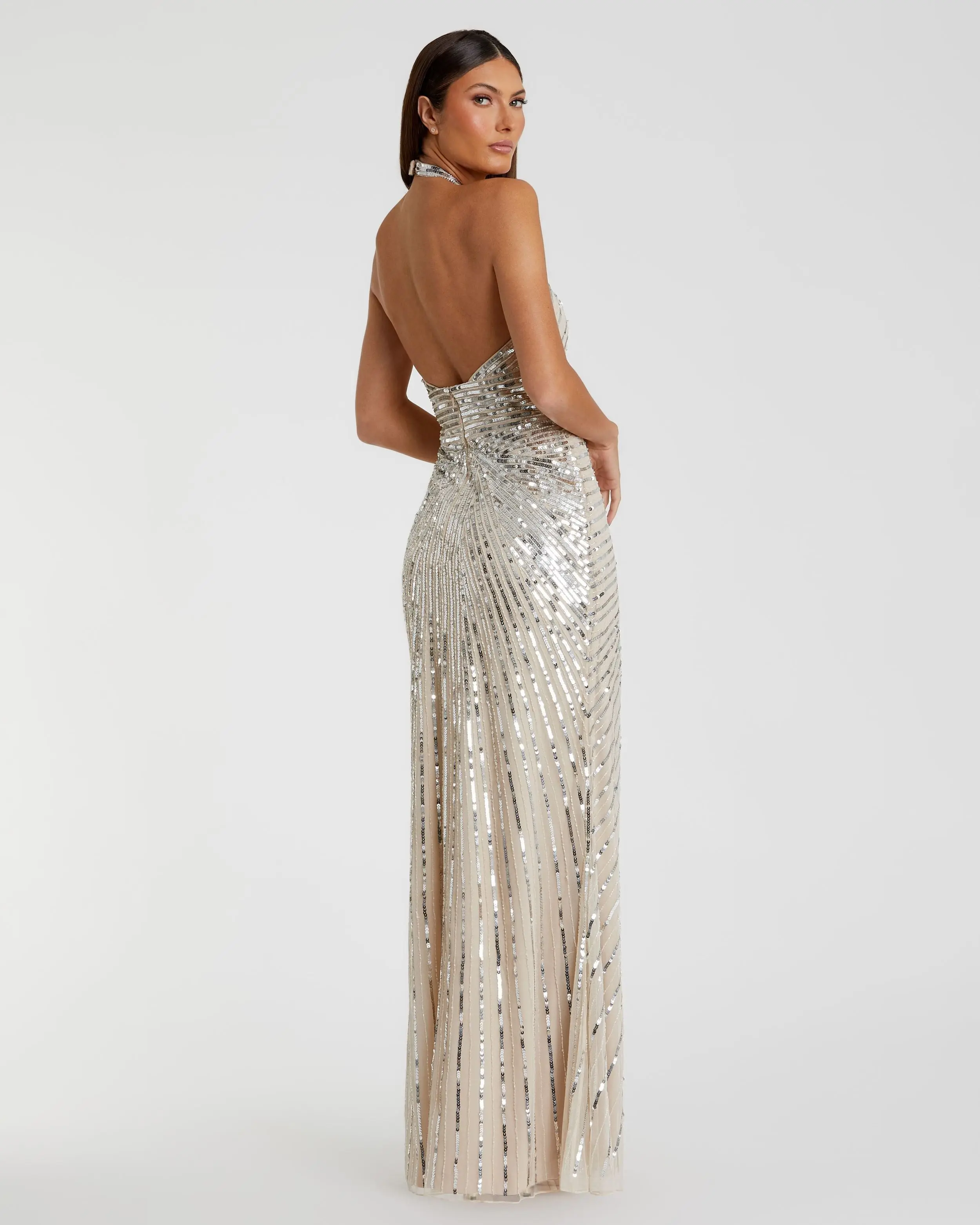 Silver Sequin Halter Keyhole Column Gown - Image 2