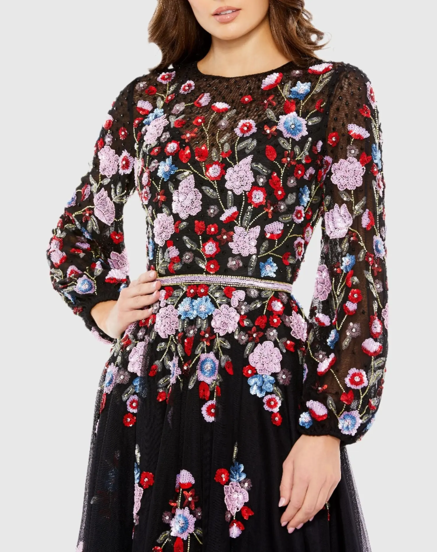 Black Sequined Floral High Neck Puff Sleeve Cocktail Dress - Image 2