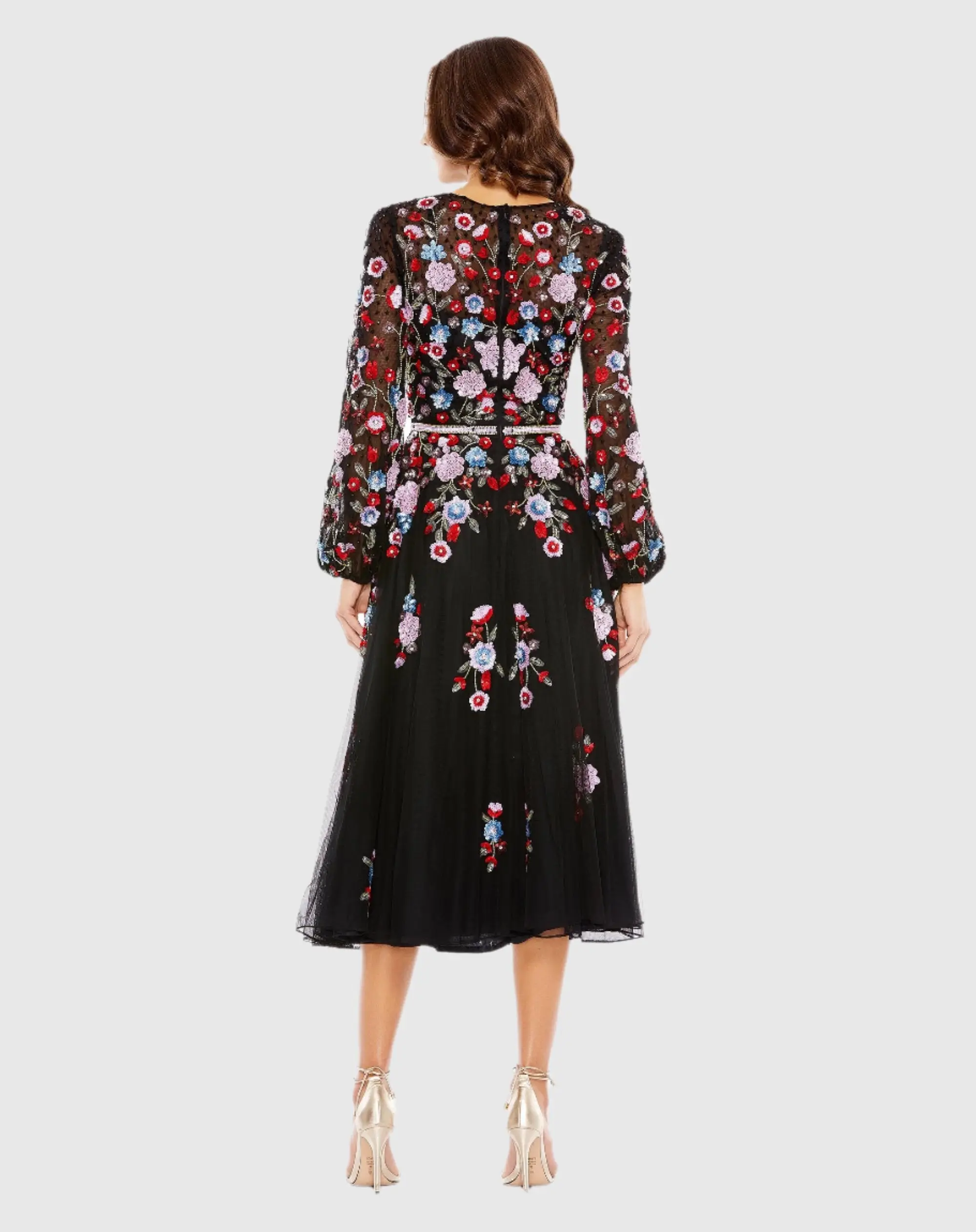 Black Sequined Floral High Neck Puff Sleeve Cocktail Dress - Image 3