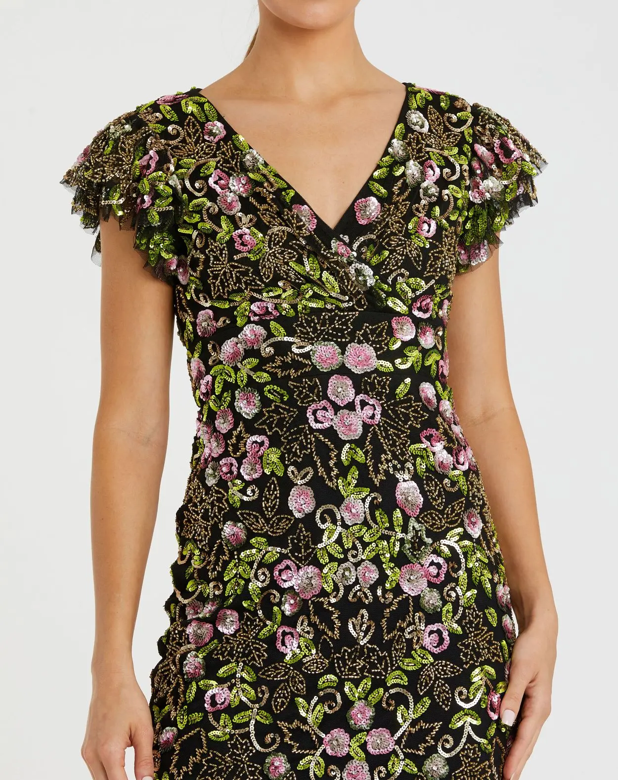 Black Floral Embellished Flutter Cap Sleeve Dress - Image 2