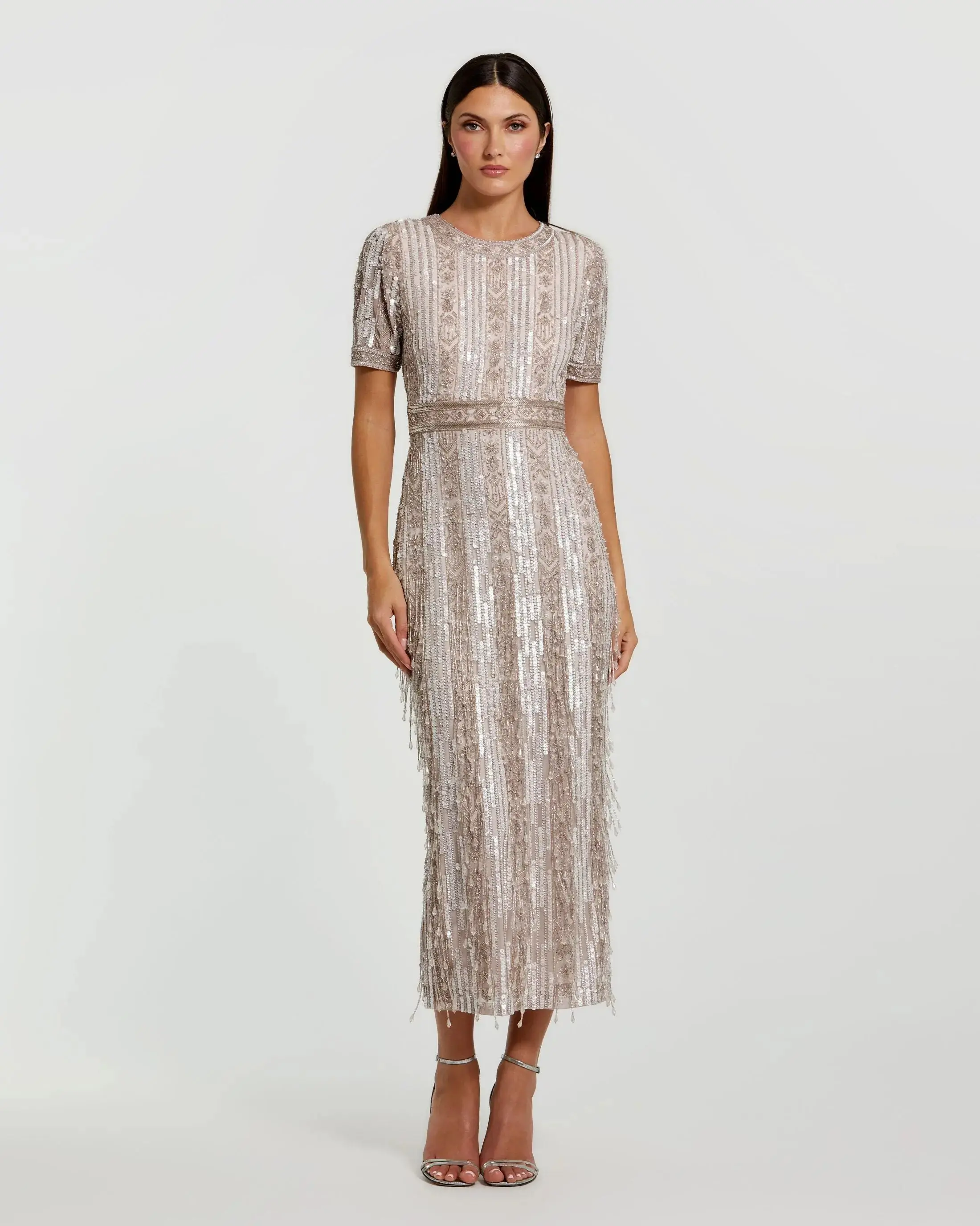 Pink High Neck Short Sleeve Crystal Fringe Sheath Dress