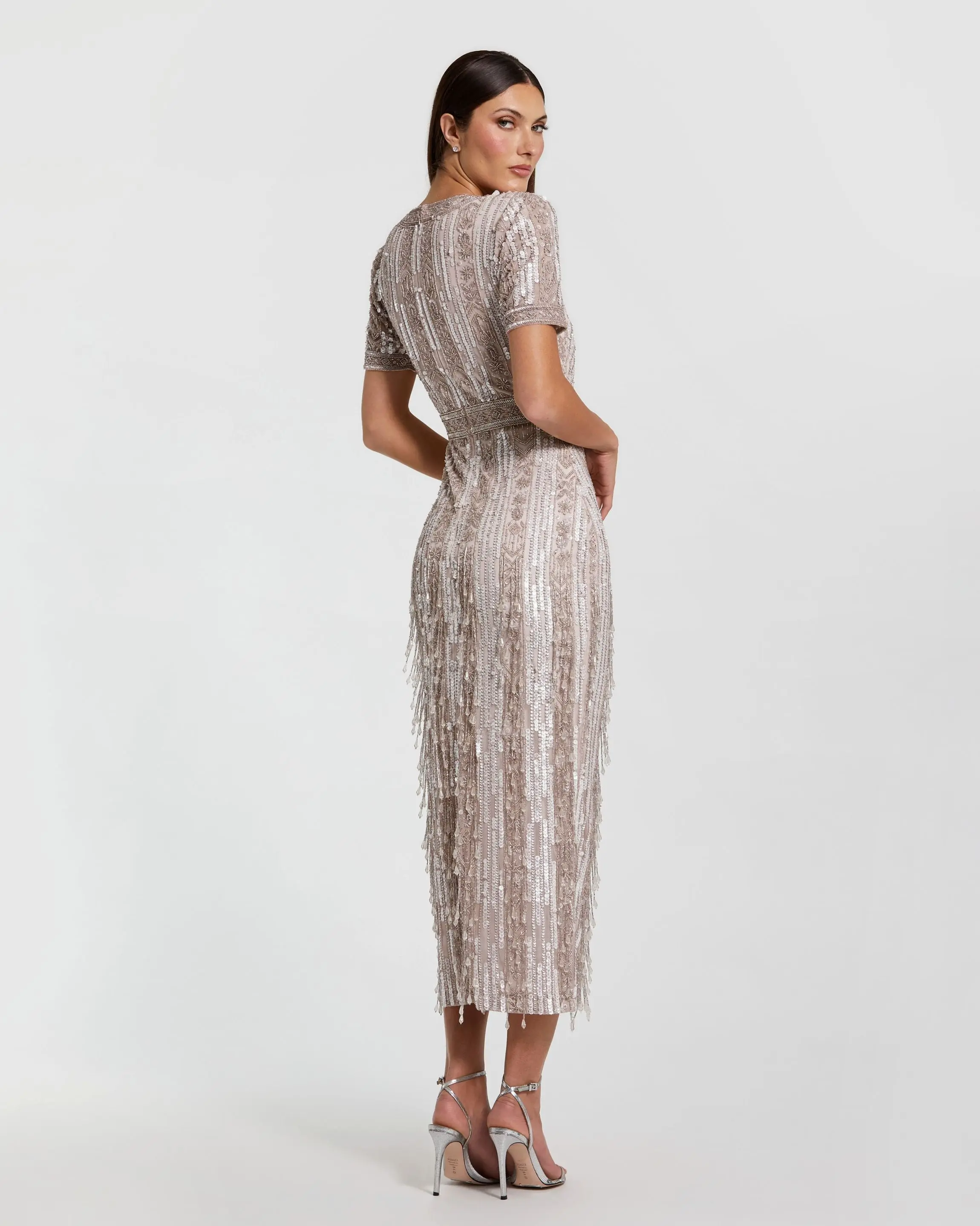 Pink High Neck Short Sleeve Crystal Fringe Sheath Dress - Image 3