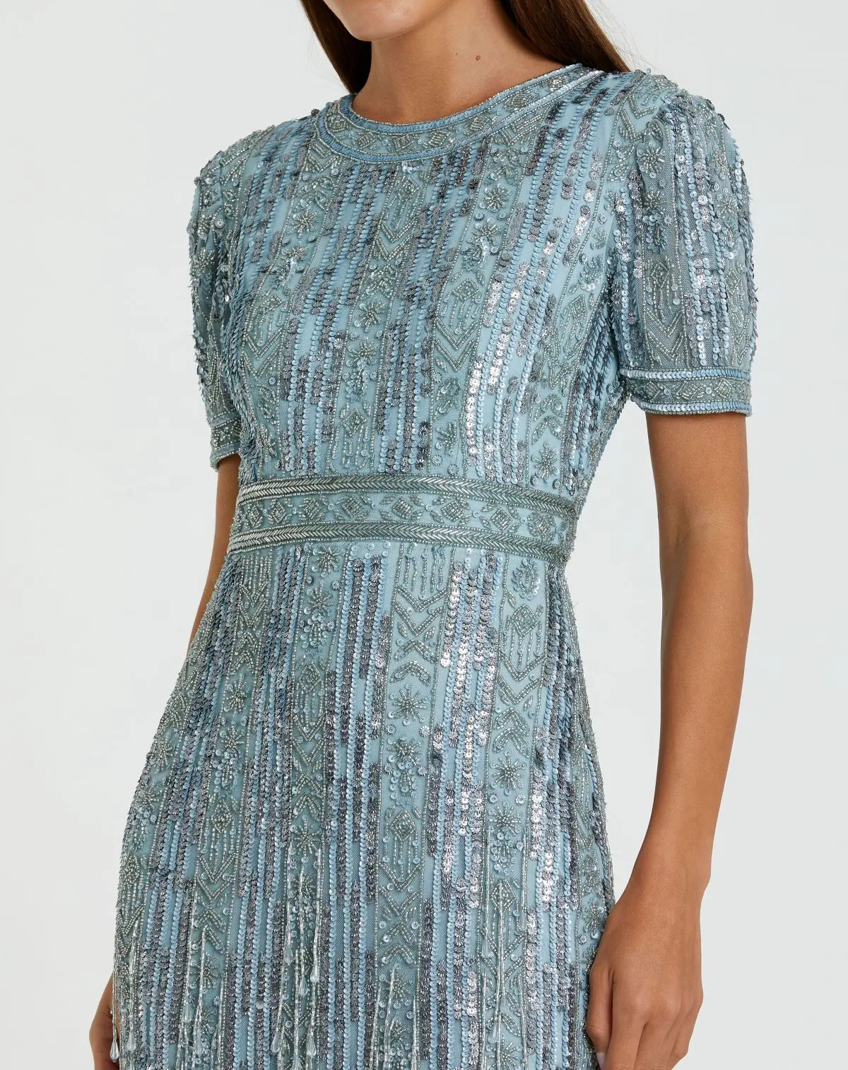 Blue High Neck Short Sleeve Crystal Fringe Sheath Dress - Image 2