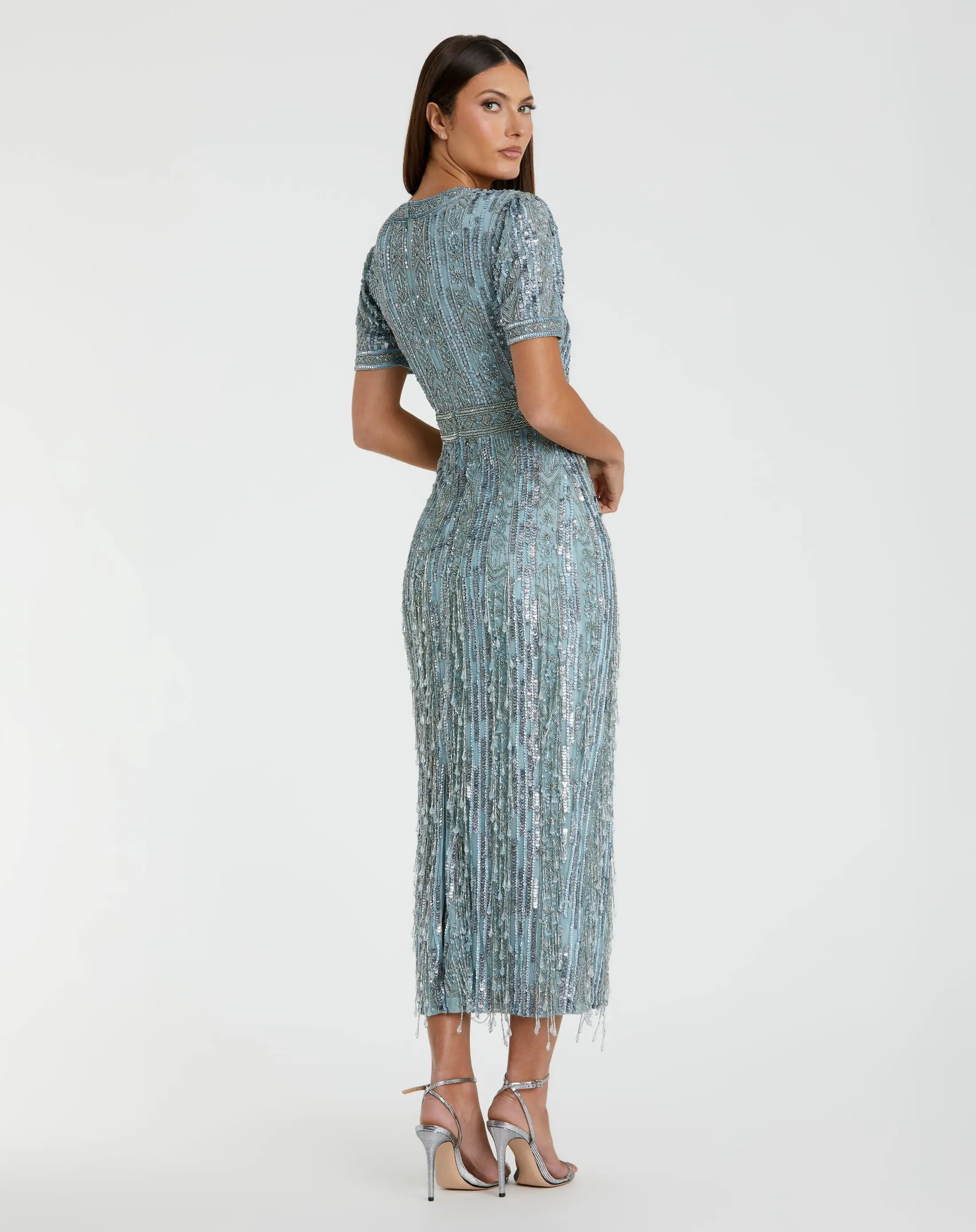 Blue High Neck Short Sleeve Crystal Fringe Sheath Dress - Image 3