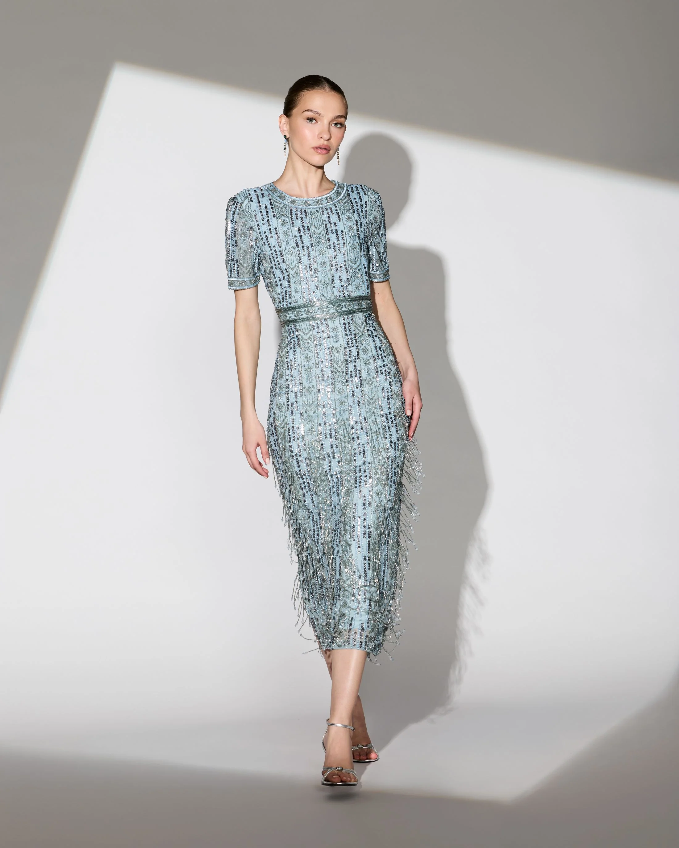Blue High Neck Short Sleeve Crystal Fringe Sheath Dress - Image 4