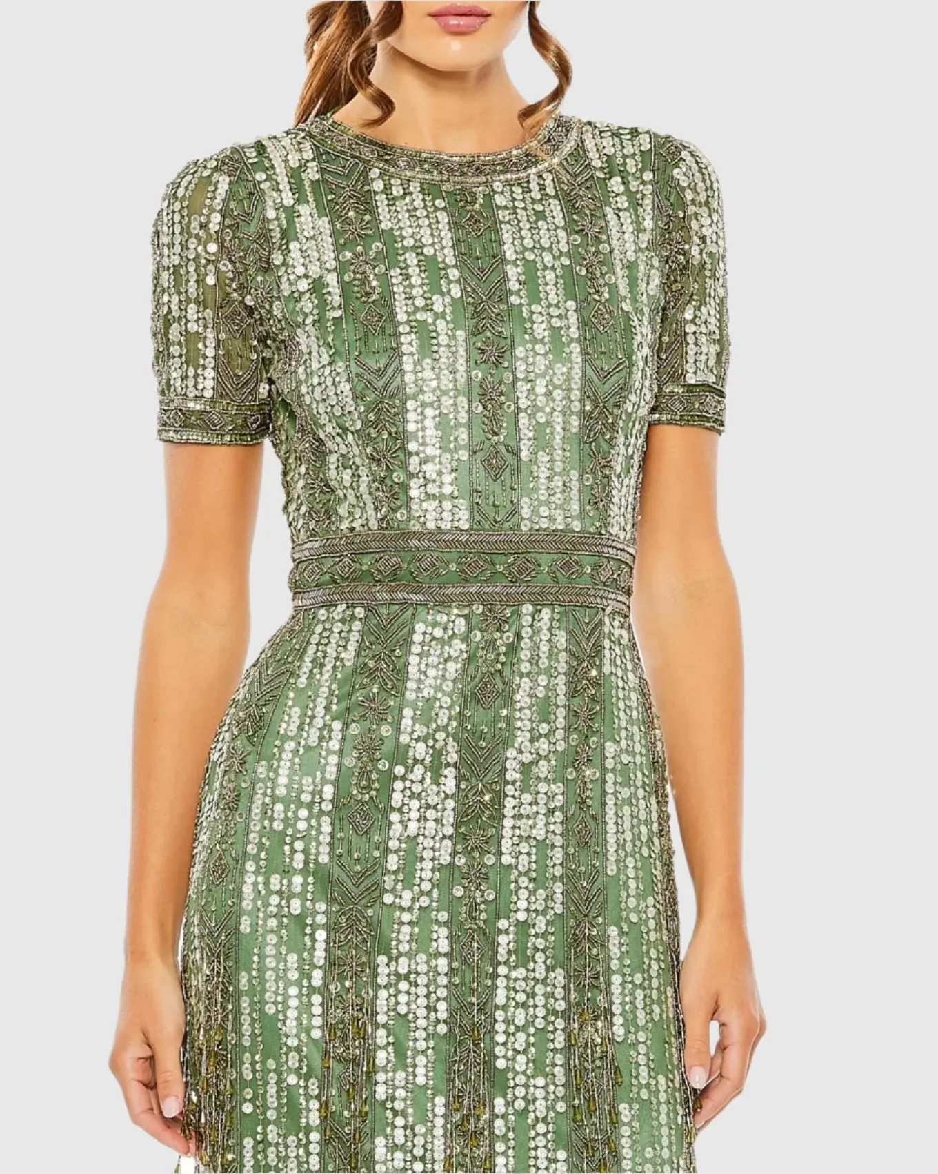 Green High Neck Short Sleeve Crystal Fringe Sheath Dress - Image 2