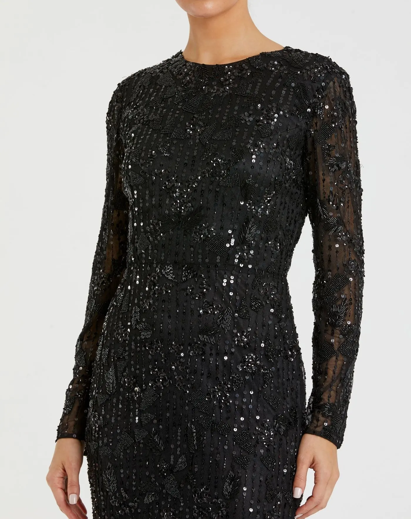 Black High Neck Long Sleeve Embellished Dress - Image 2