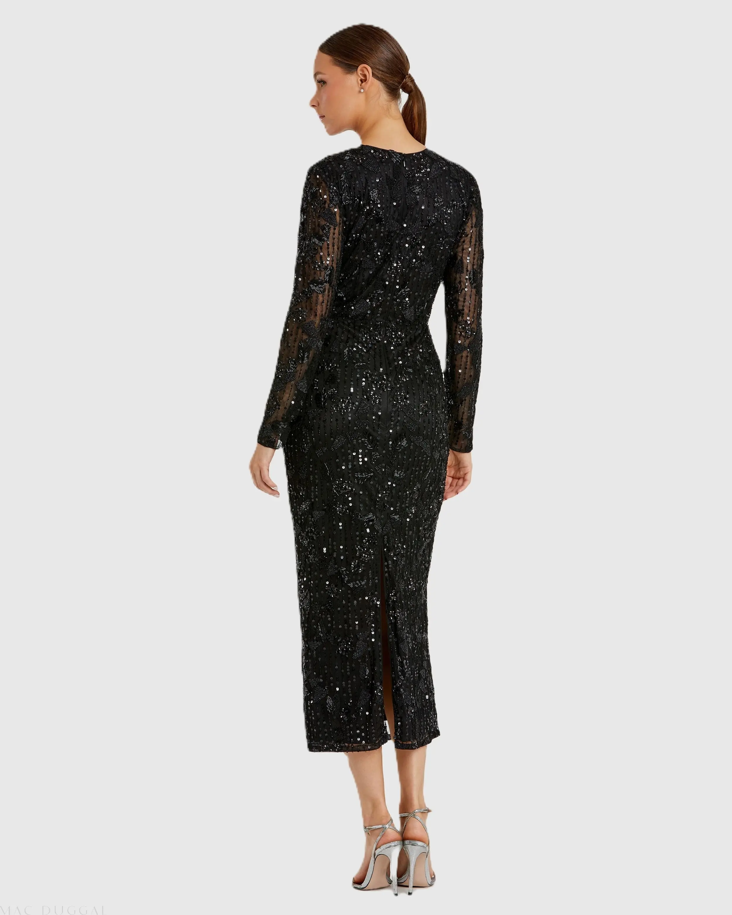Black High Neck Long Sleeve Embellished Dress - Image 3
