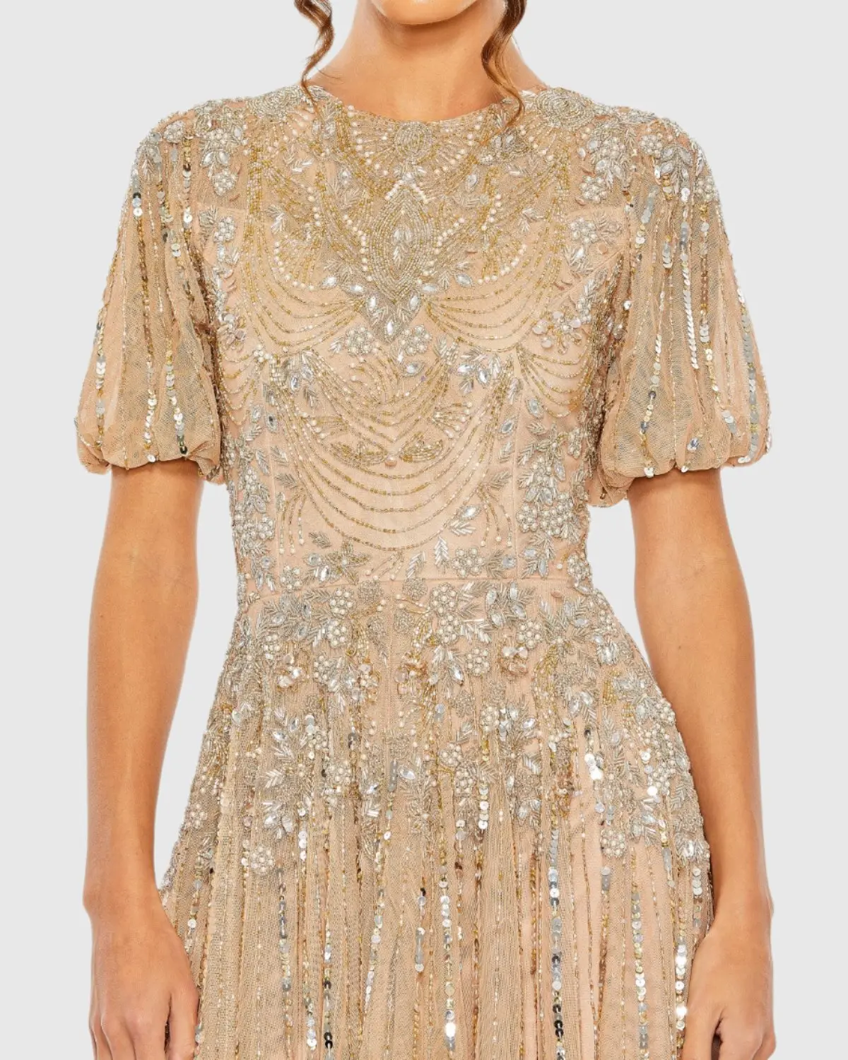 Beige High Neck Puff Sleeve Embellished A Line Gown - Image 2