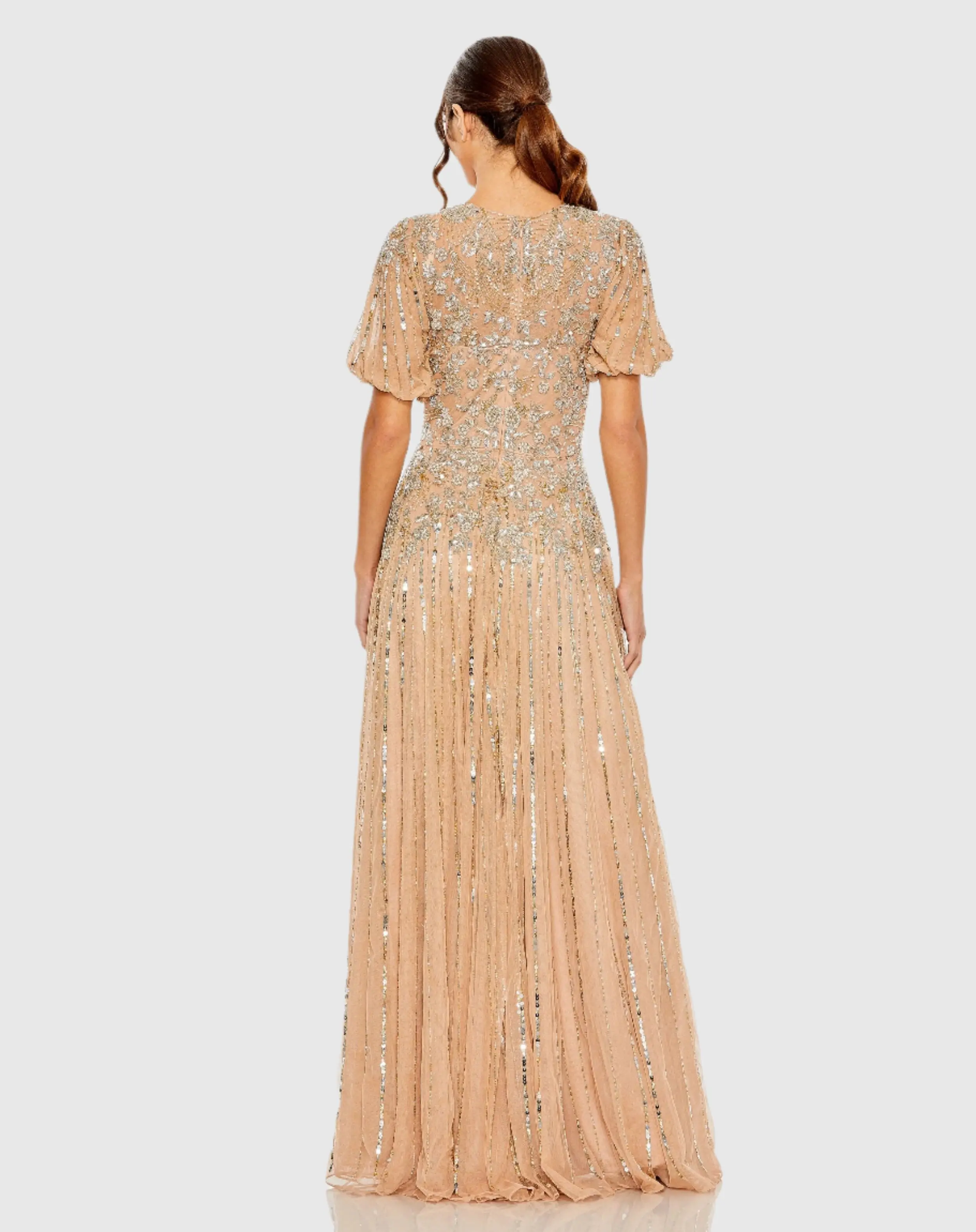 Beige High Neck Puff Sleeve Embellished A Line Gown - Image 3