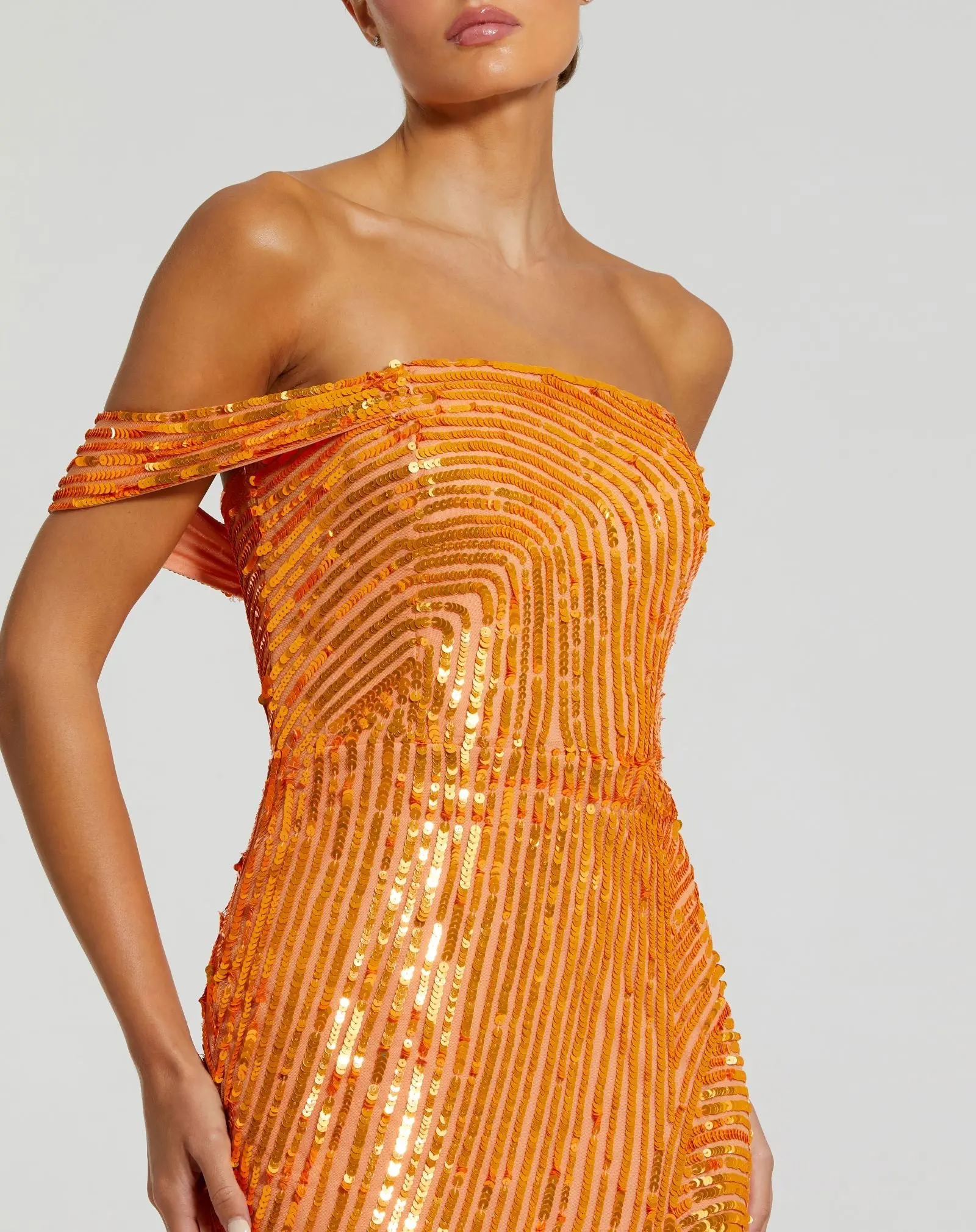 Orange One Shoulder Mesh Sequin Gown With Slit - Image 2