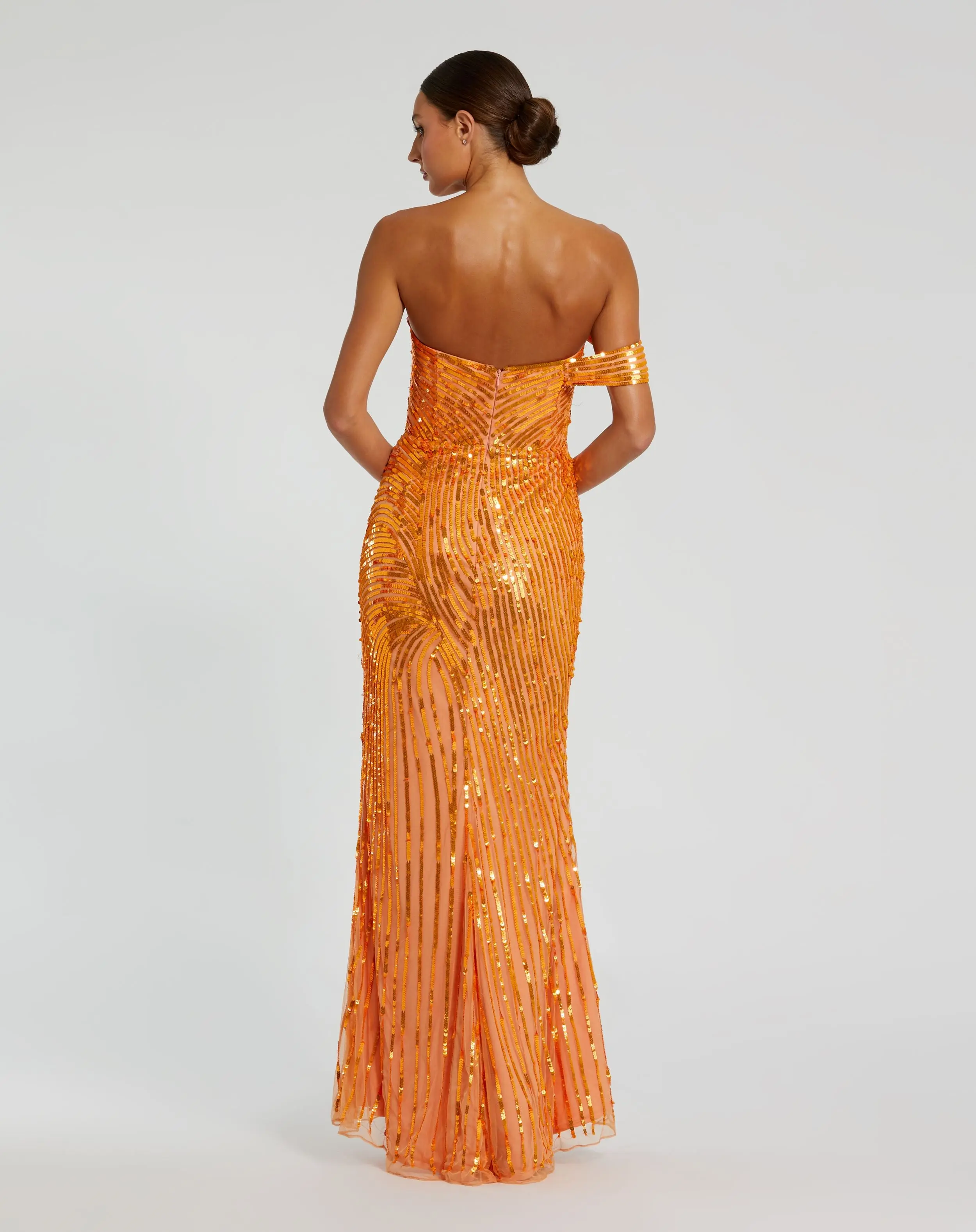 Orange One Shoulder Mesh Sequin Gown With Slit - Image 3