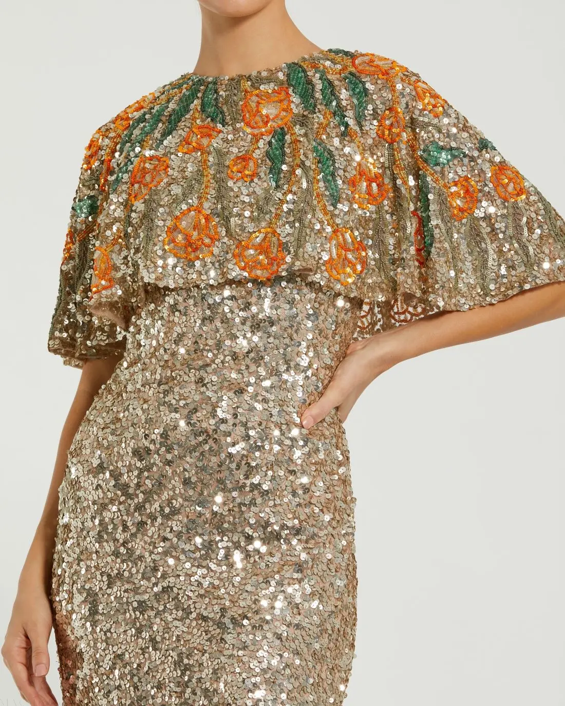 Gold Embellished Gown With Floral Beaded Shawl - Image 2