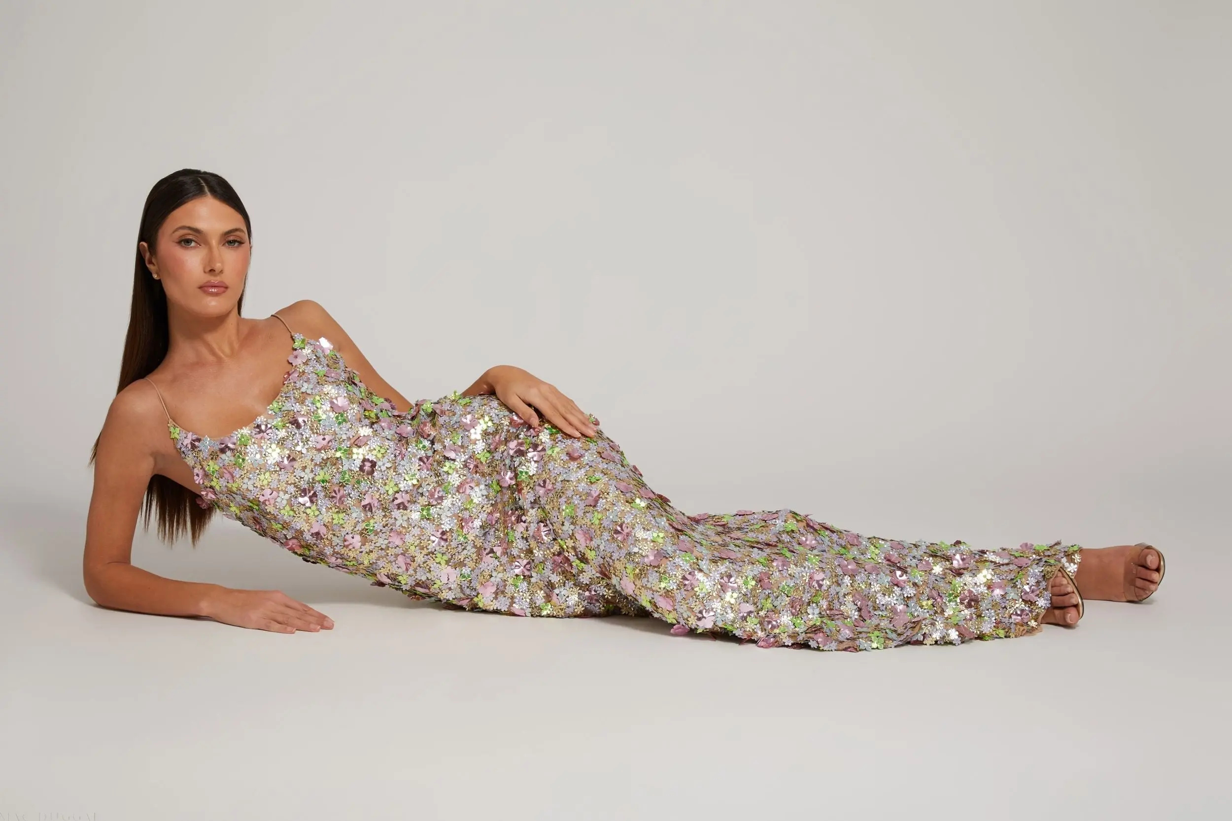 Multicolor Sleeveless Floral Paillette Embellished Mesh Gown - Image 4
