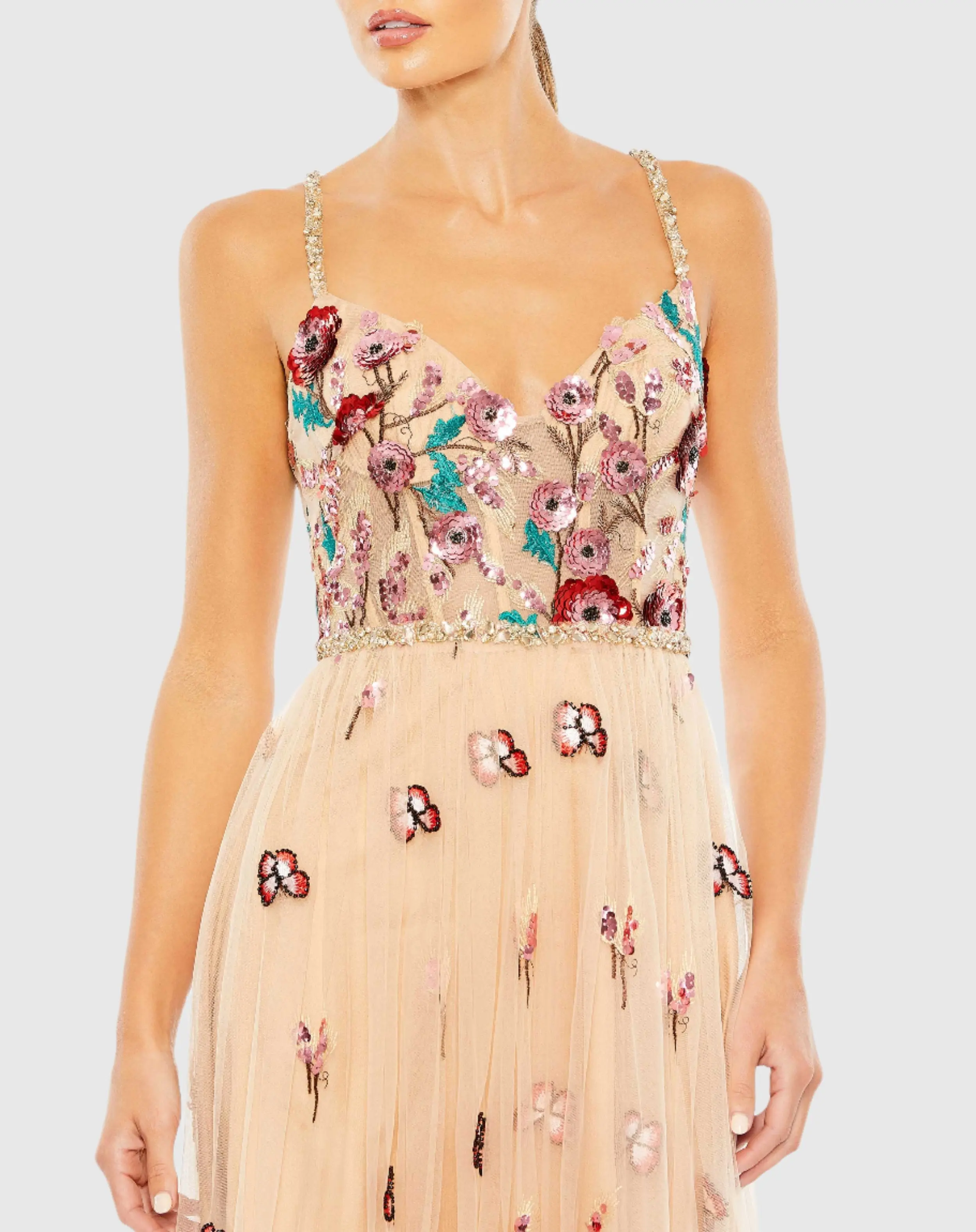 Beige Embellished Floral Detail A Line Gown - Image 2