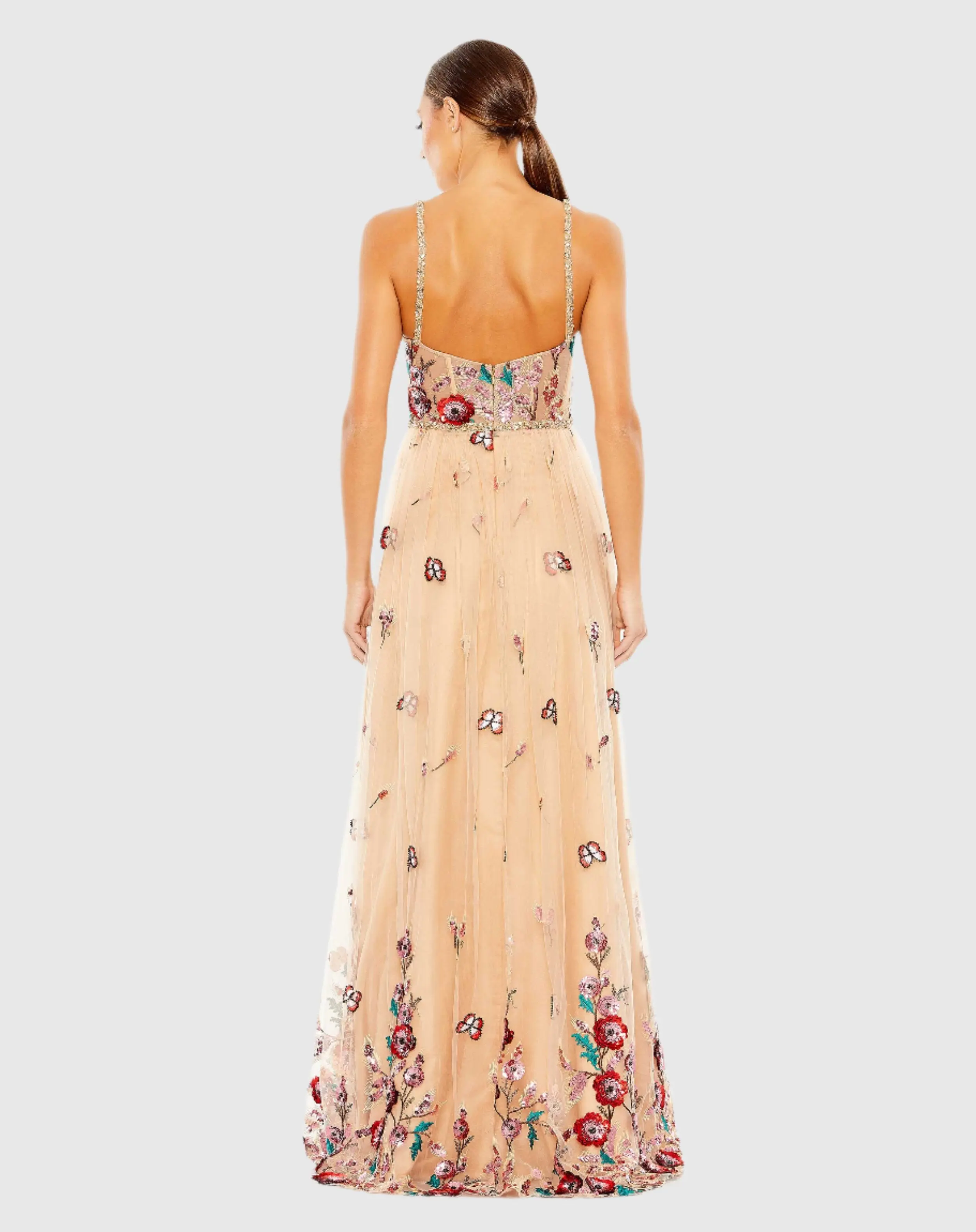 Beige Embellished Floral Detail A Line Gown - Image 3