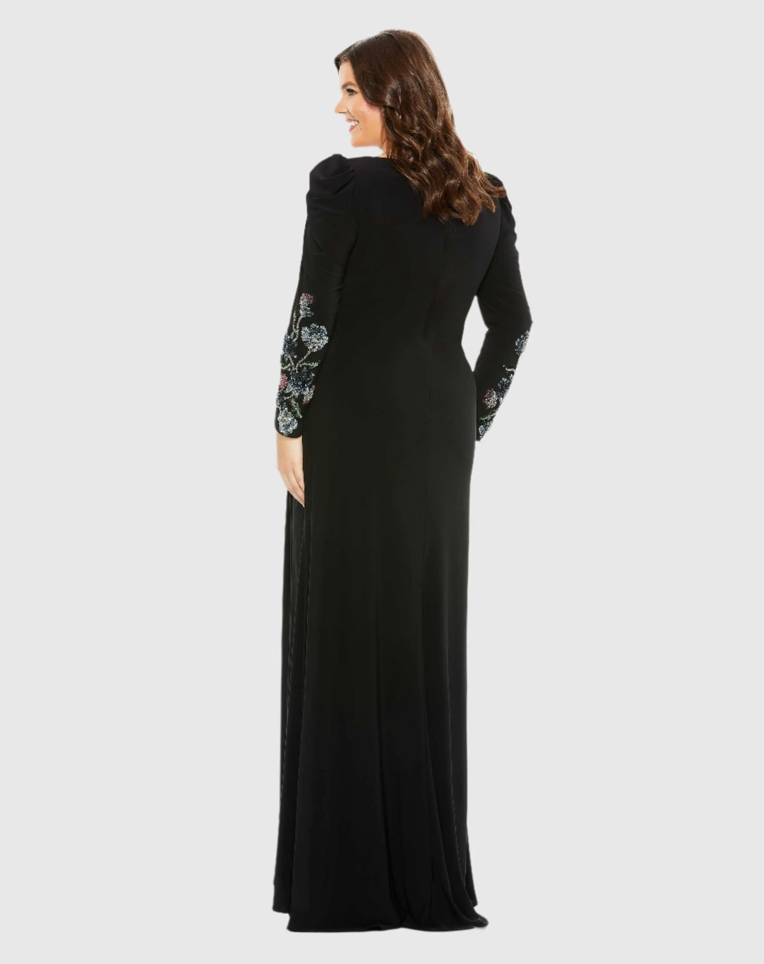 Black Embellished Long Sleeve Faux Wrap Gown (Plus) - Image 3