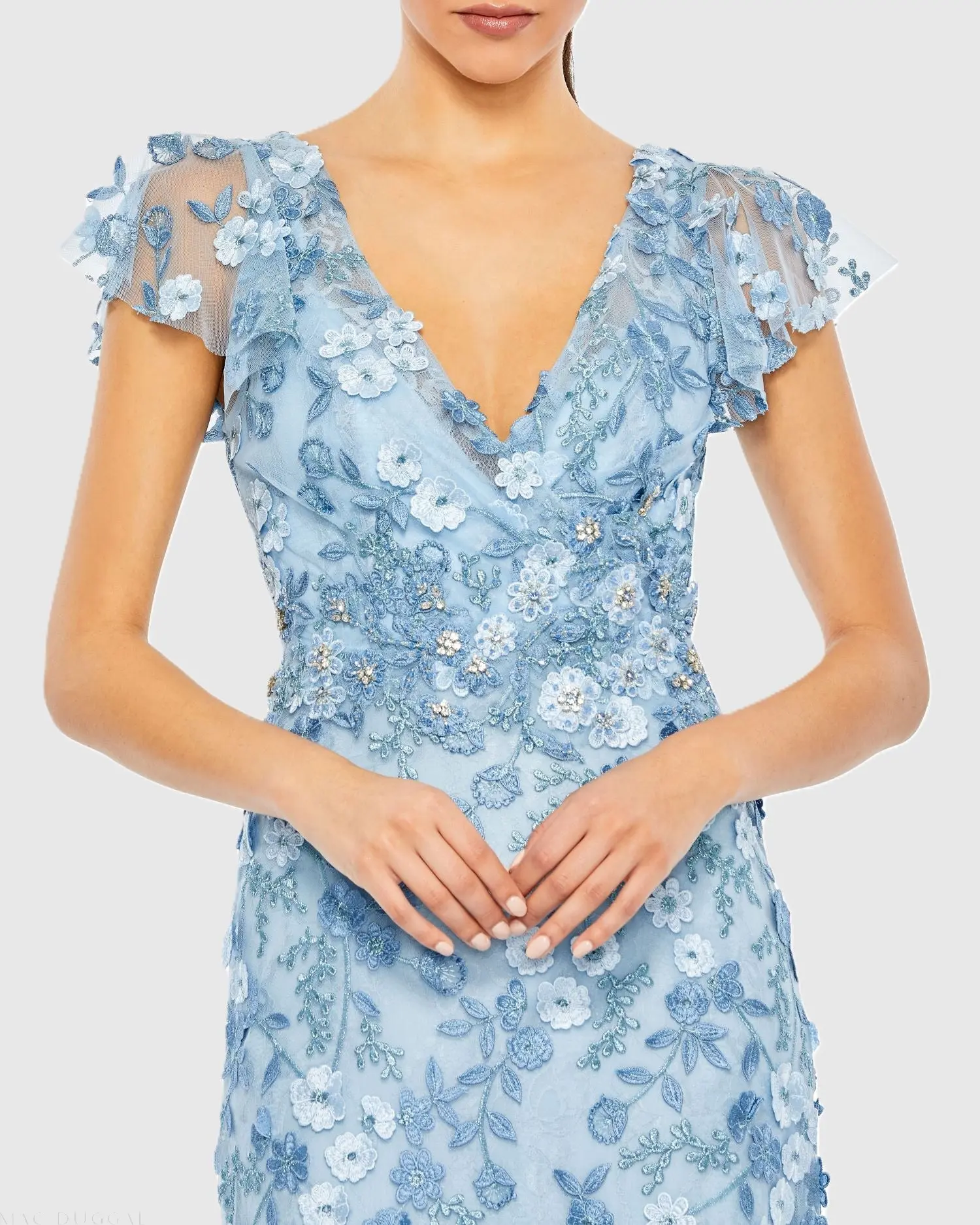 Blue Embroidered Applique Wrap Over Flutter Sleeve Gown - Image 2