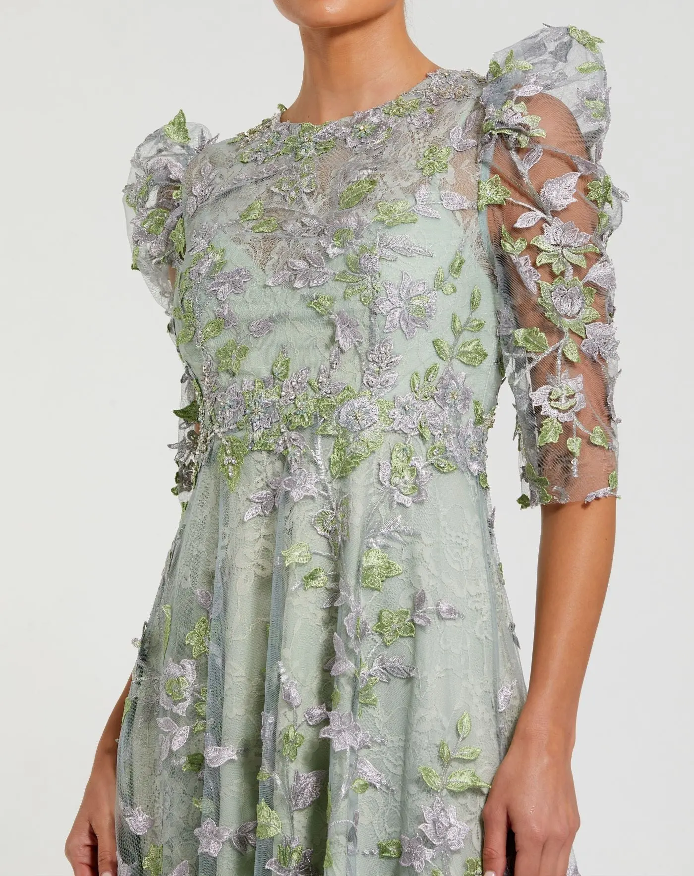 Green Applique High Neck Puff Sleeve A Line Dress - Image 2