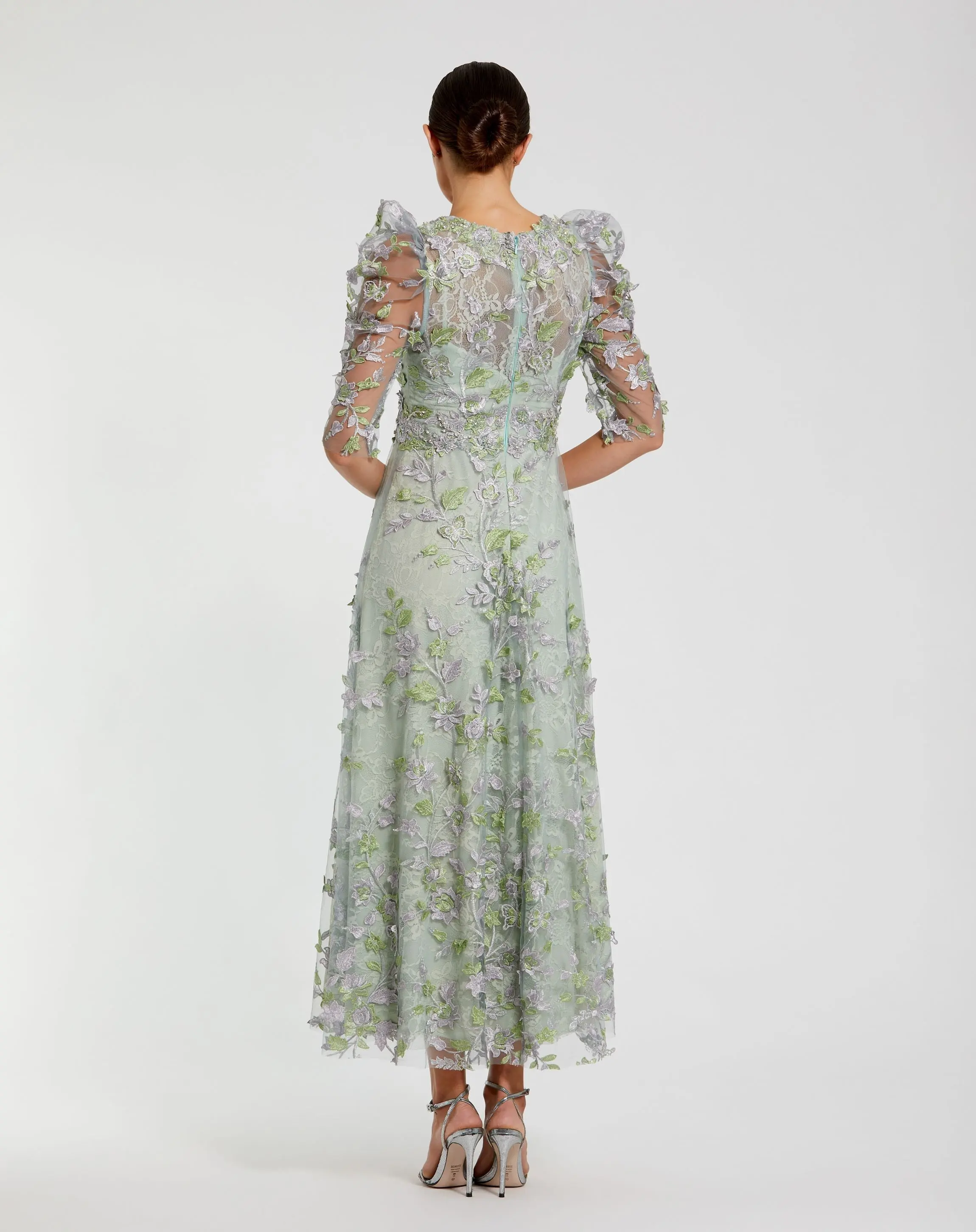 Green Applique High Neck Puff Sleeve A Line Dress - Image 3