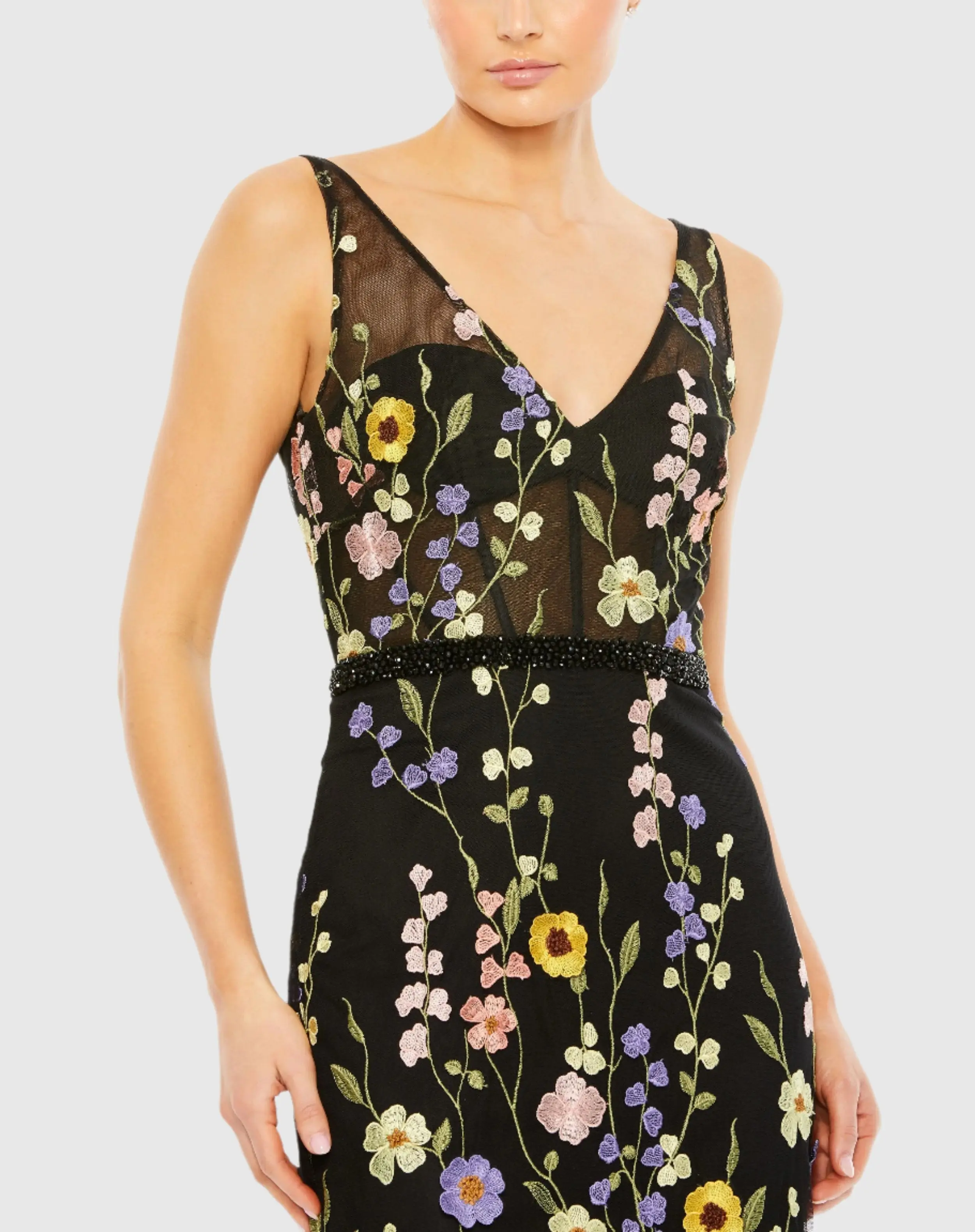 Black Embroidered Tulle Sleeveless V Neck Gown - Image 2