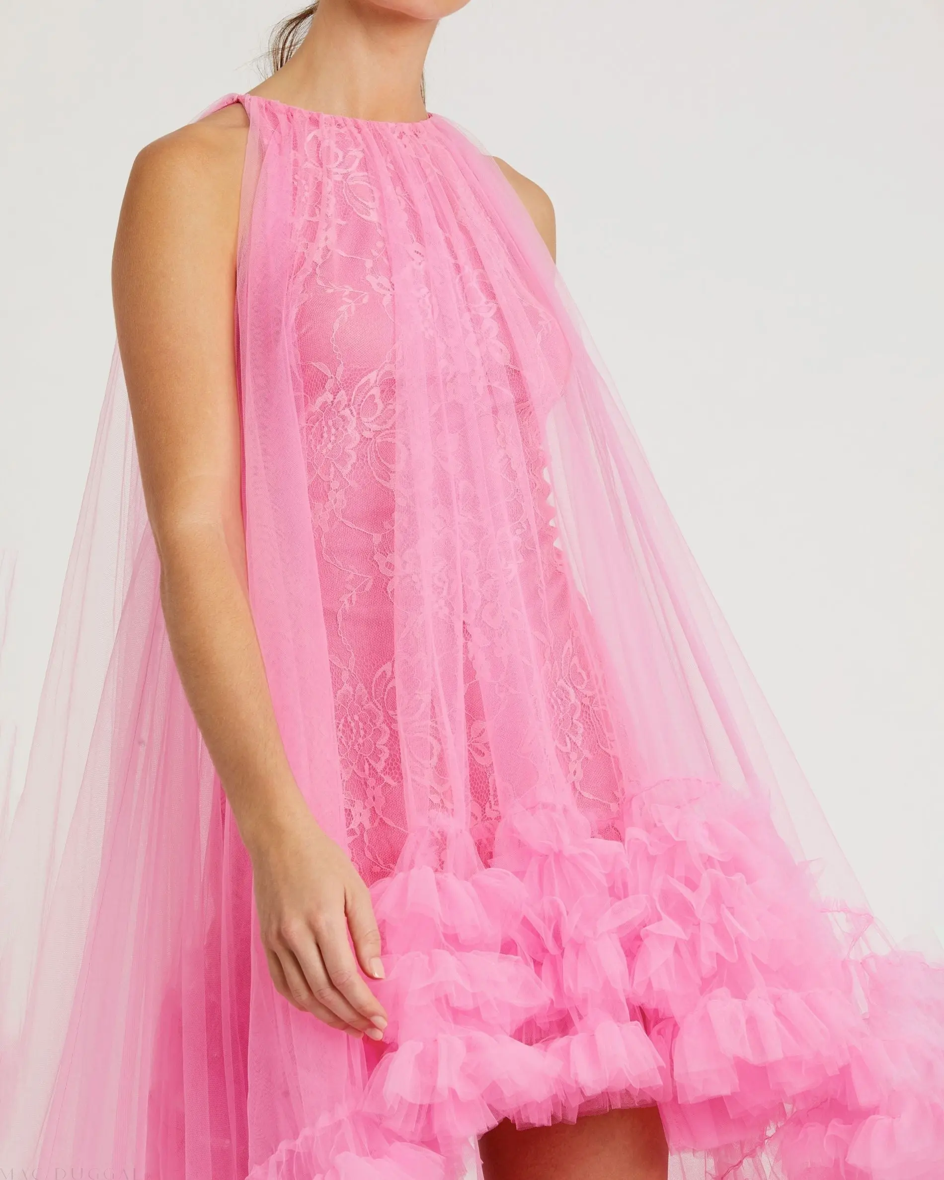 Pink Tulle High Neck Sleeveless Ruffled Hem Hi-Low Gown - Image 2