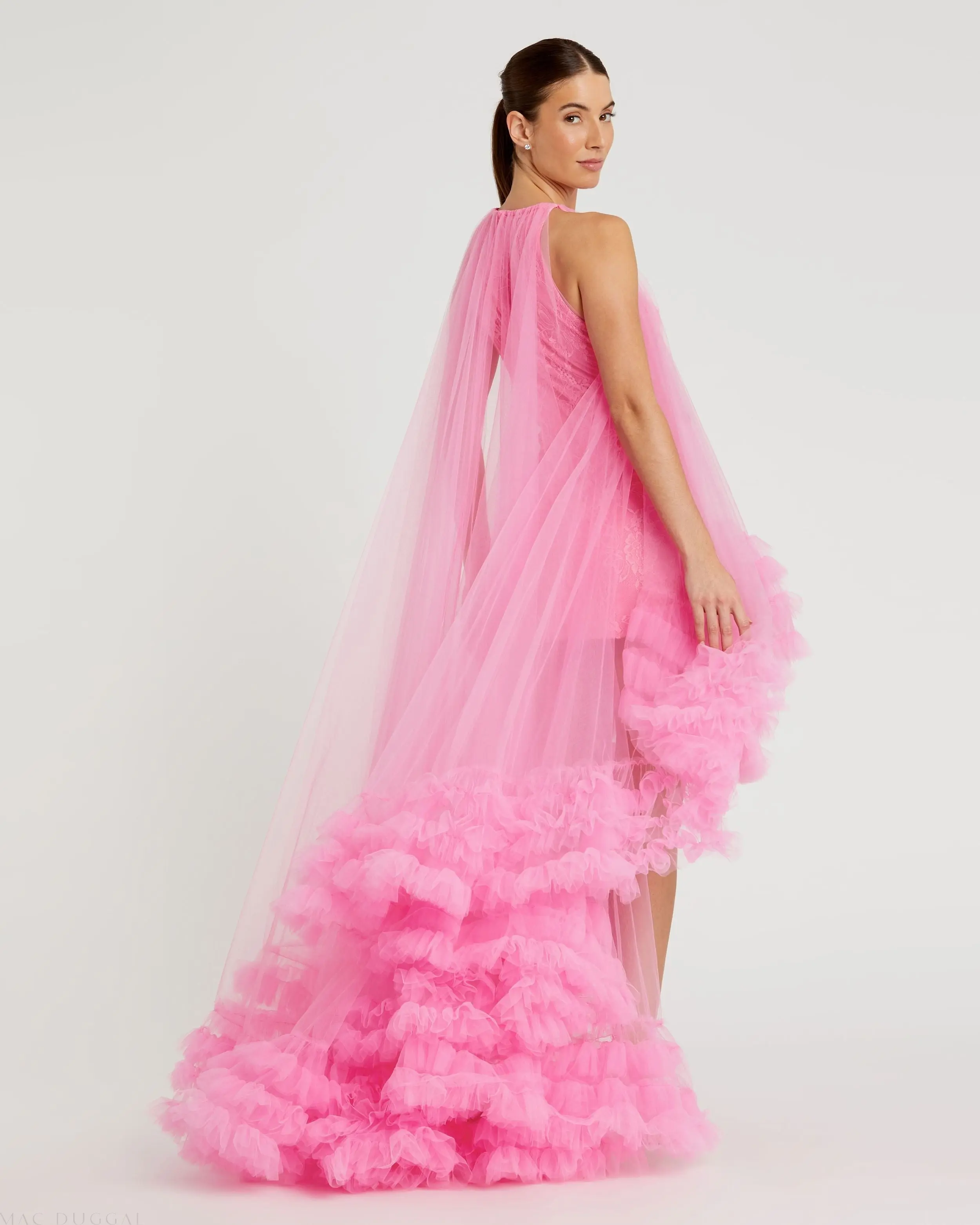 Pink Tulle High Neck Sleeveless Ruffled Hem Hi-Low Gown - Image 3