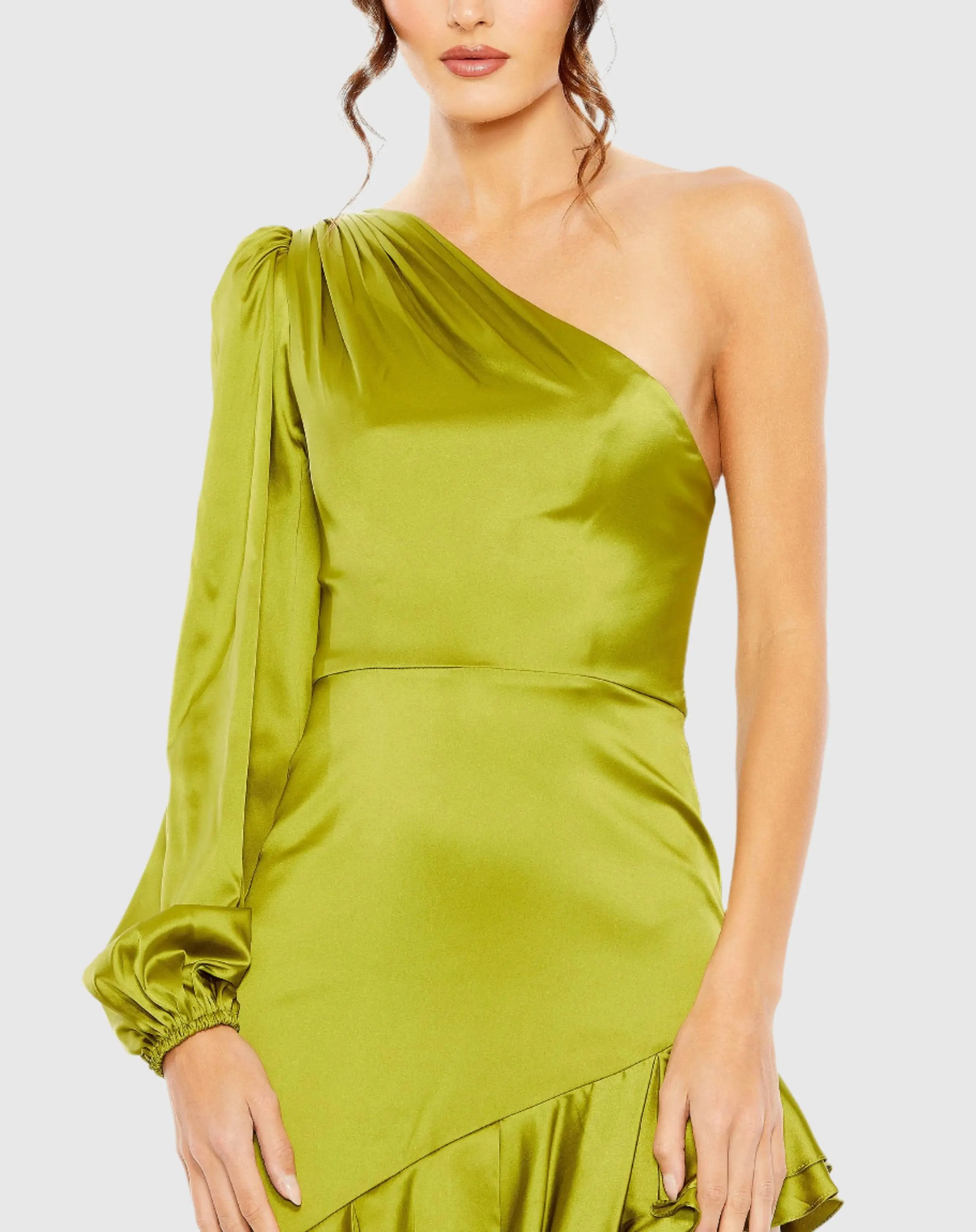 Green Charmeuse One Sleeve Ruffled Asymmetrical Gown - FINAL SALE - Image 2