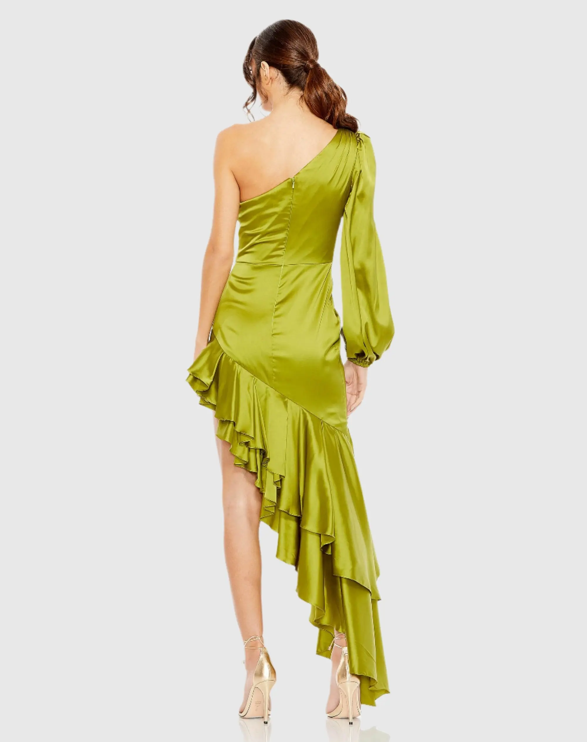 Green Charmeuse One Sleeve Ruffled Asymmetrical Gown - FINAL SALE - Image 3