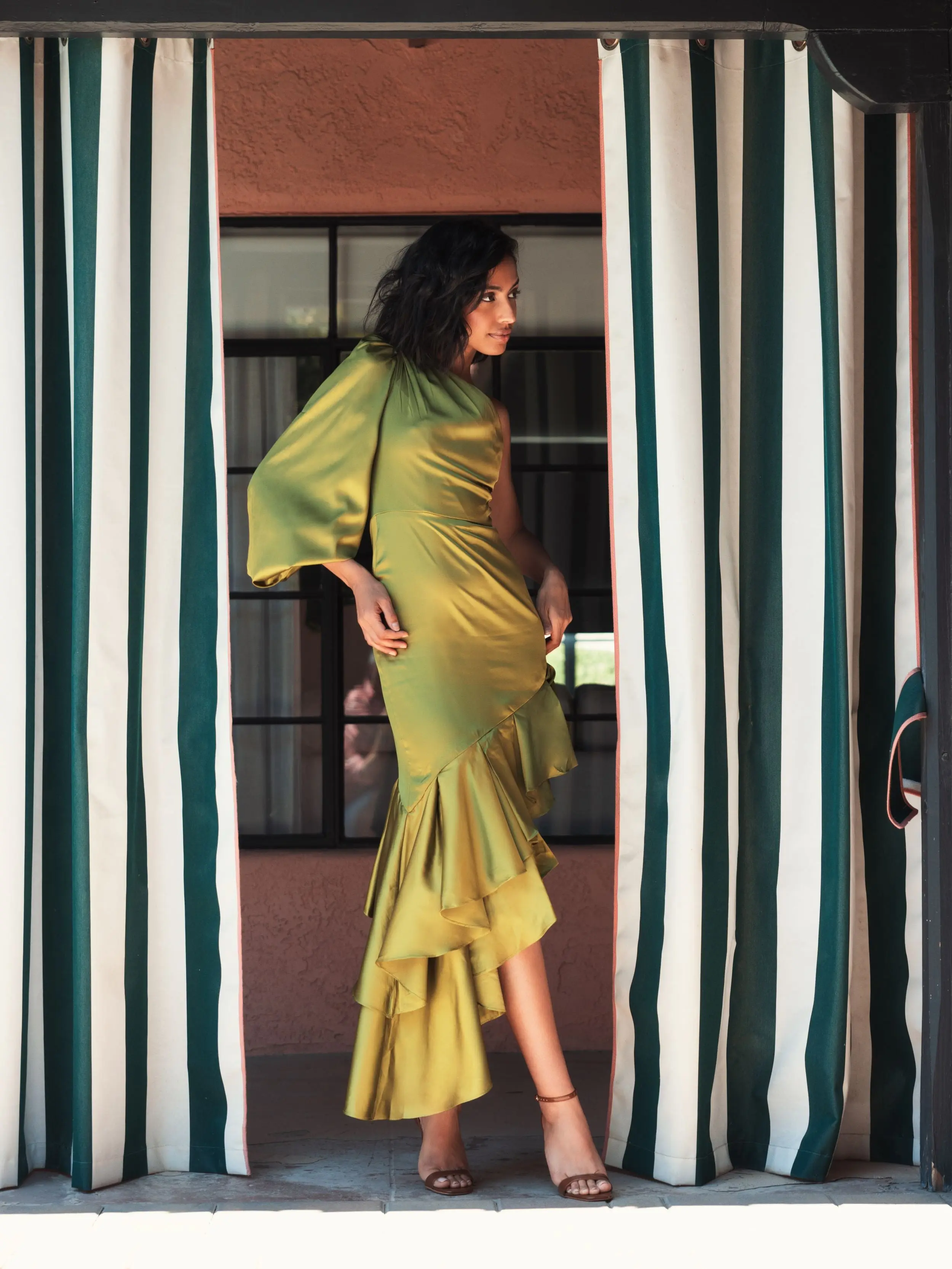 Green Charmeuse One Sleeve Ruffled Asymmetrical Gown - FINAL SALE - Image 4